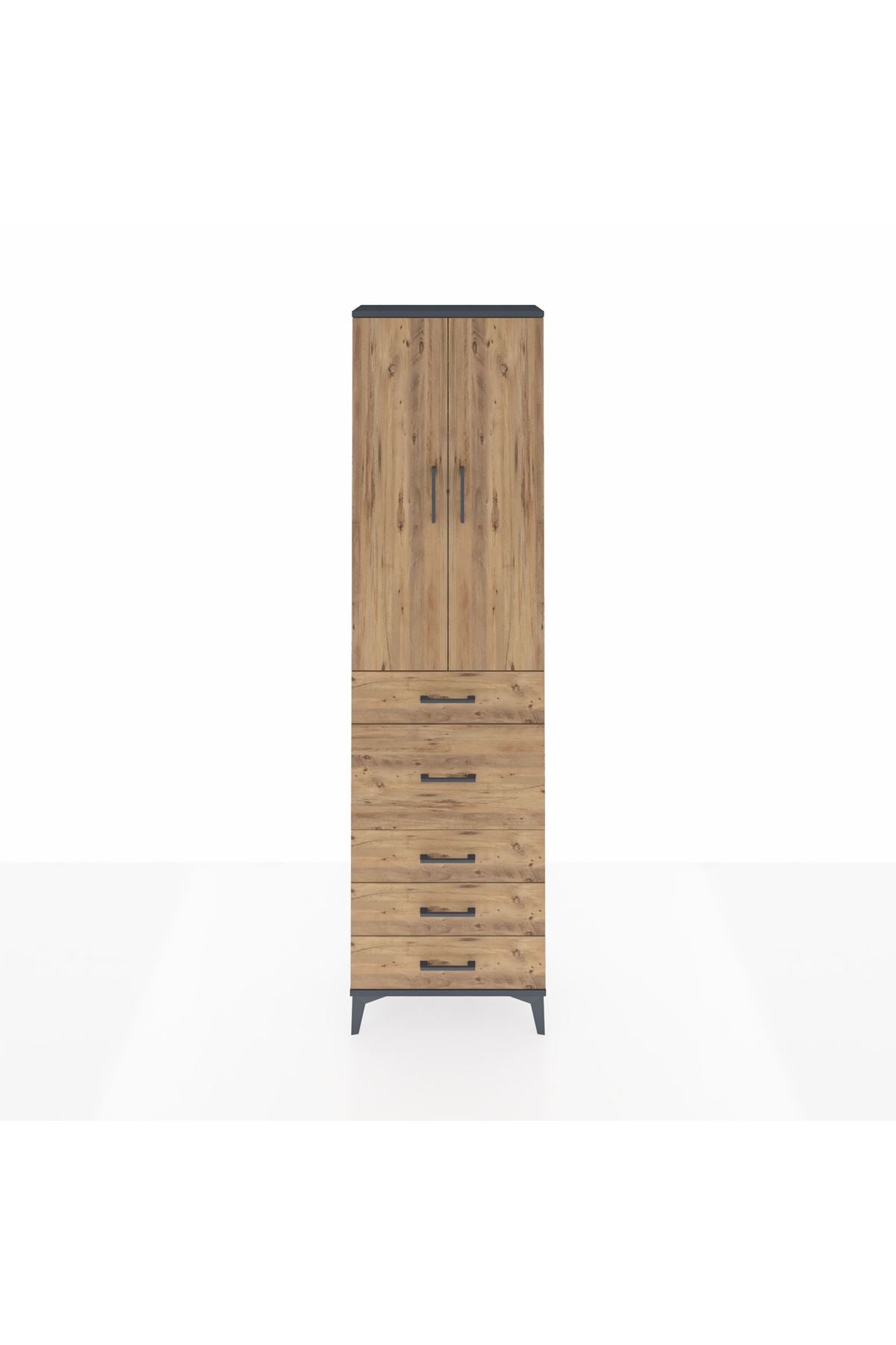 Arges Dolap 2 Raflı 5 Çekmeceli 2 Kapaklı 60x30x221 Antrasit-Çam