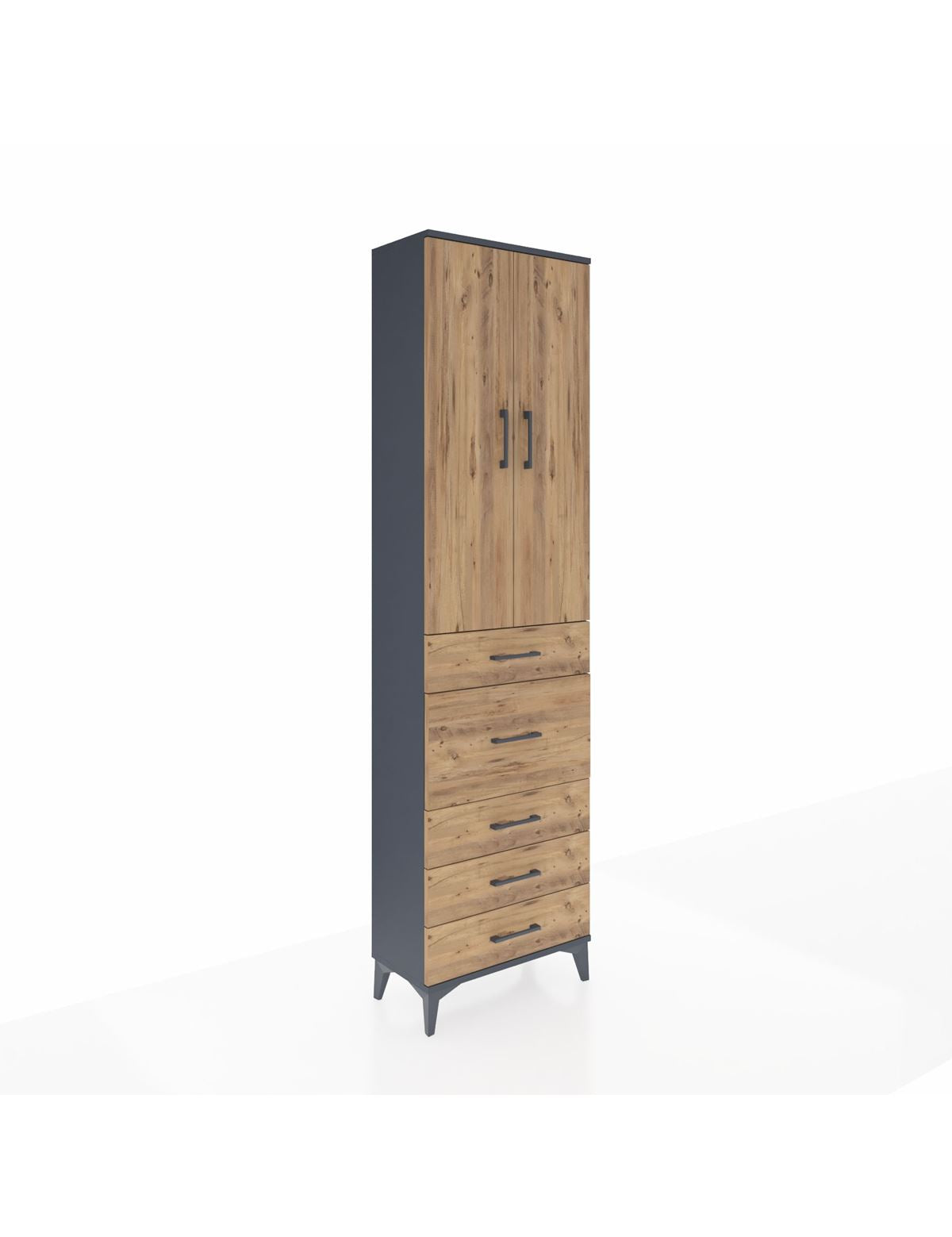 Arges Dolap 2 Raflı 5 Çekmeceli 2 Kapaklı 60x30x221 Antrasit-Çam