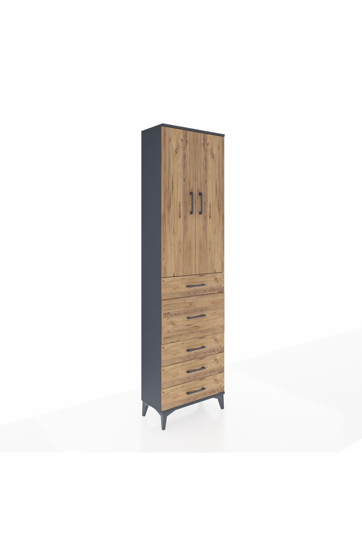 Arges Dolap 2 Raflı 5 Çekmeceli 2 Kapaklı 60x30x221 Antrasit-Çam