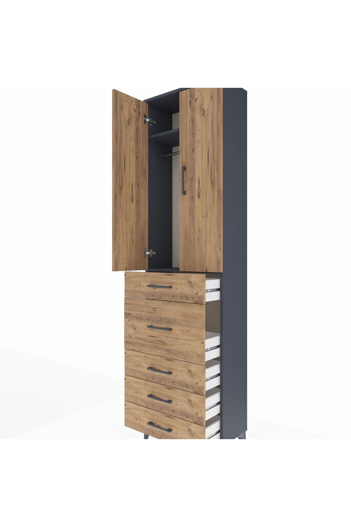 Arges Dolap 2 Raflı 5 Çekmeceli 2 Kapaklı 60x30x221 Antrasit-Çam