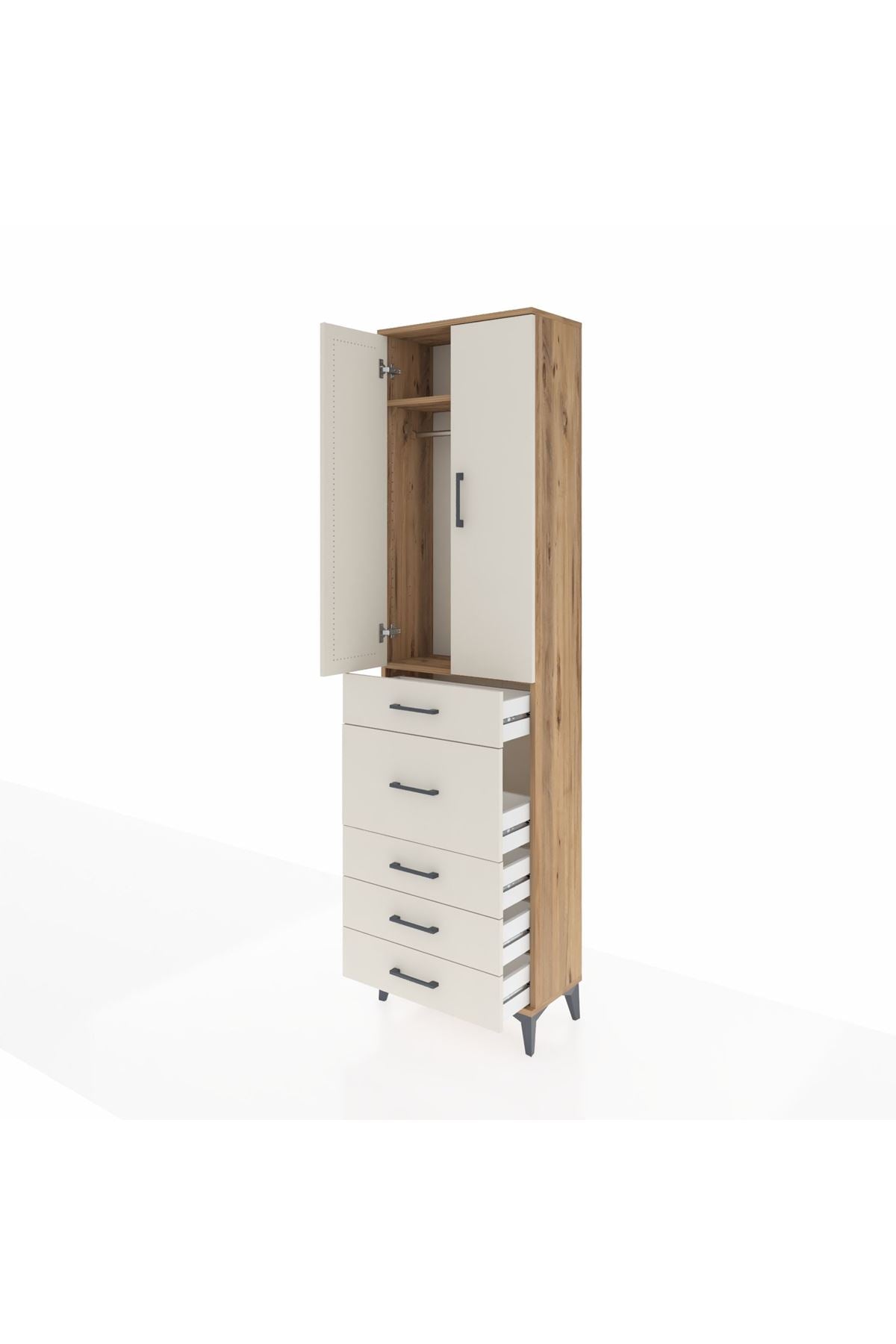 Arges Dolap 2 Raflı 5 Çekmeceli 2 Kapaklı 60x30x221 Çam-Aytaşı