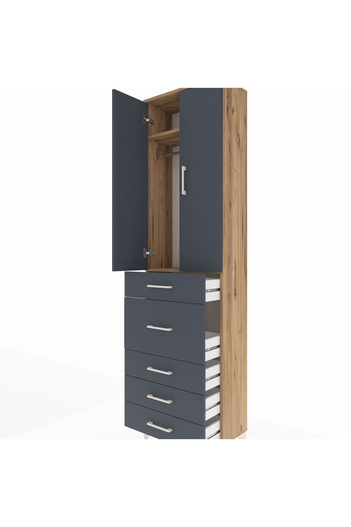 Arges Dolap 2 Raflı 5 Çekmeceli 2 Kapaklı 60x30x221 Çam-Antrasit