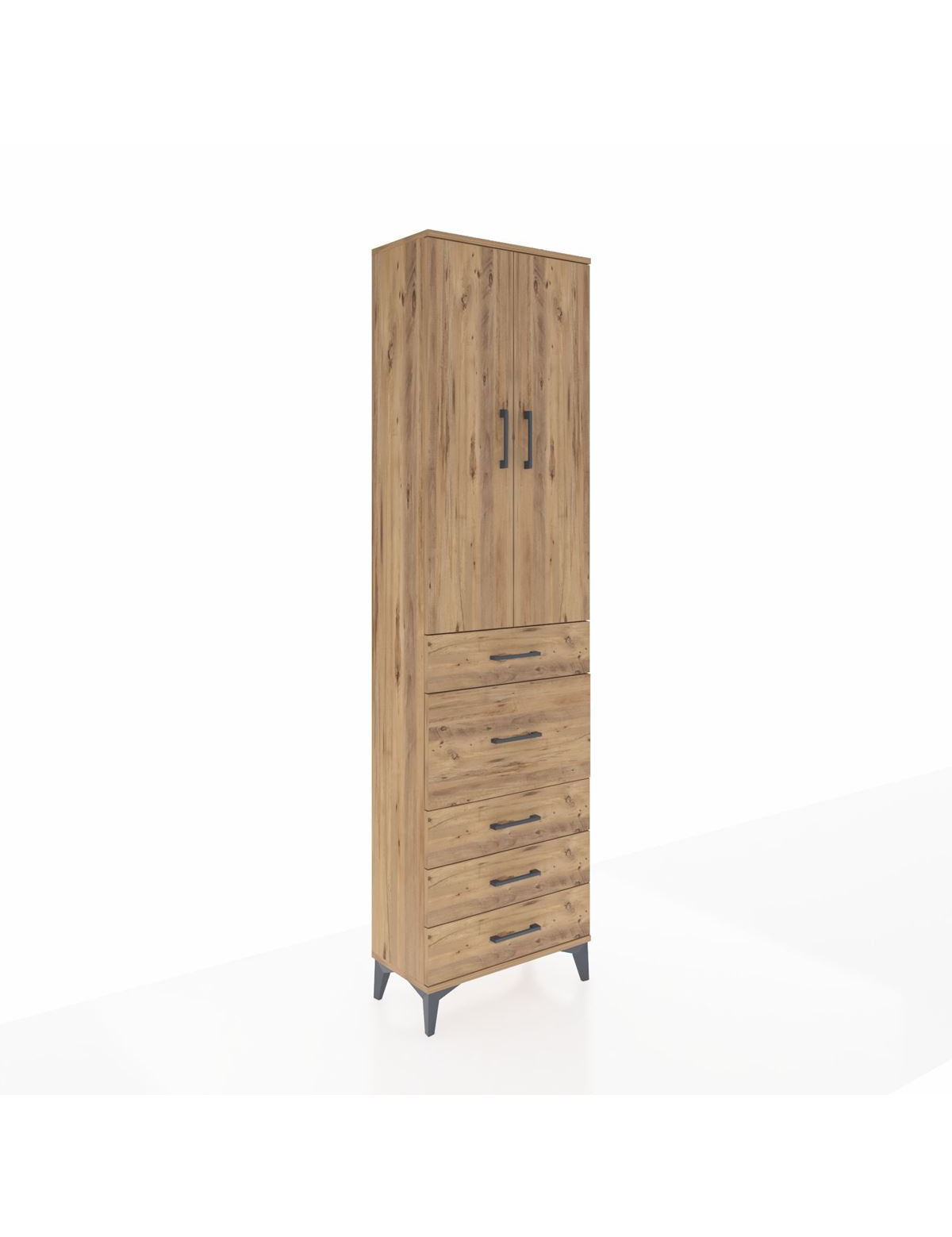 Arges Dolap 2 Raflı 5 Çekmeceli 2 Kapaklı 60x30x221 Çam-Çam