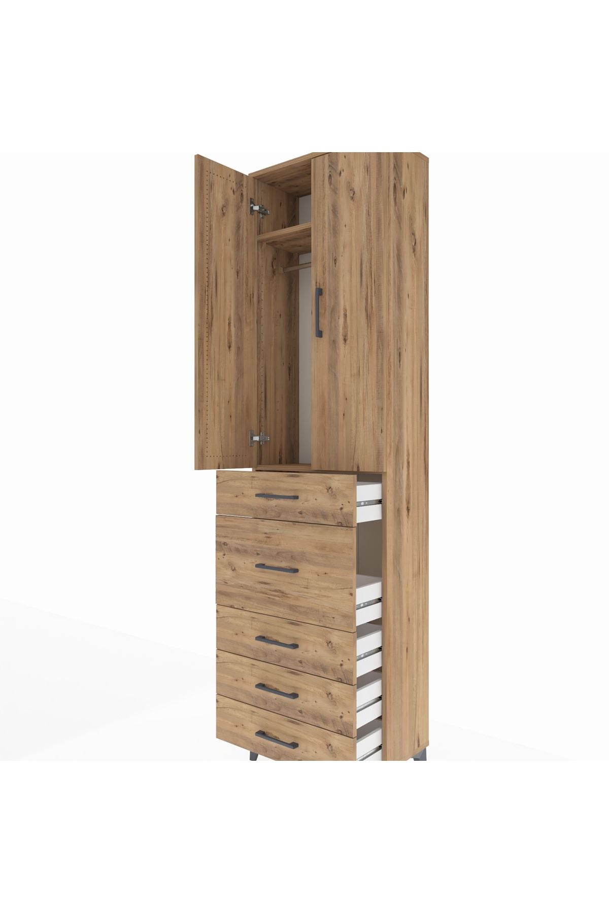 Arges Dolap 2 Raflı 5 Çekmeceli 2 Kapaklı 60x30x221 Çam-Çam