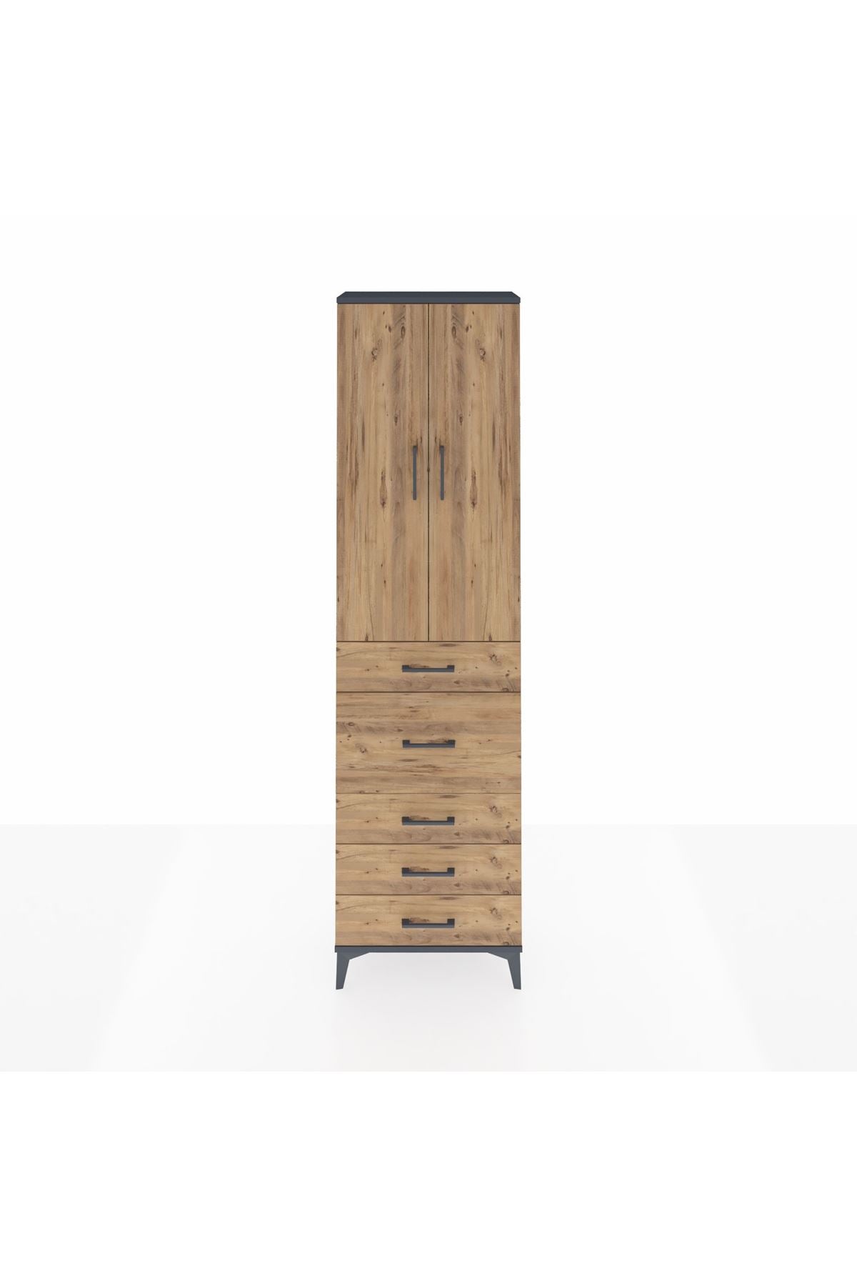 Arges Dolap 3 Raflı 5 Çekmeceli 2 Kapaklı 60x30x221 Antrasit-Çam