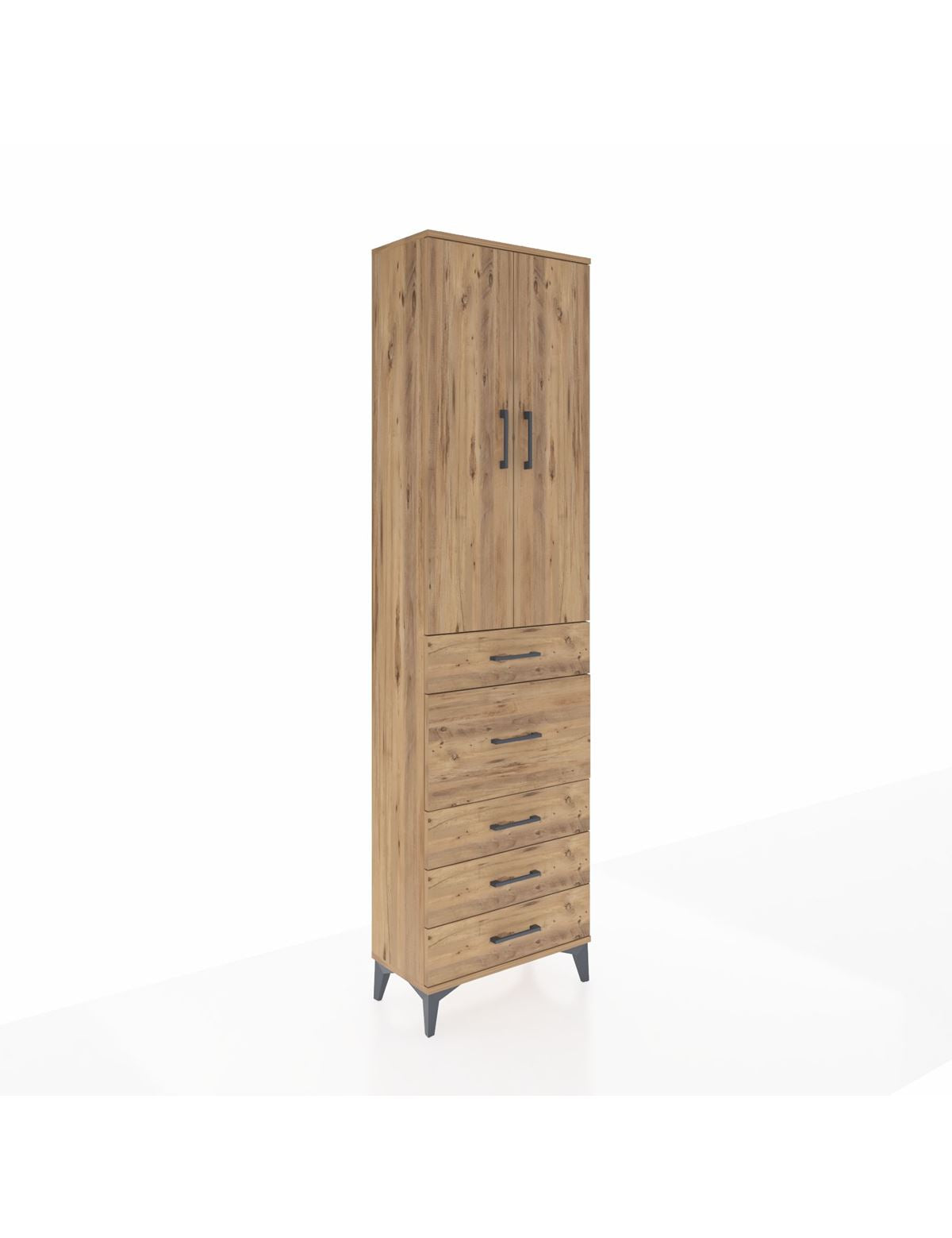 Arges Dolap 3 Raflı 5 Çekmeceli 2 Kapaklı 60x30x221 Çam-Çam