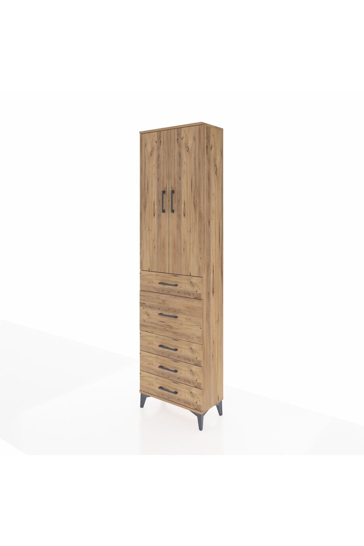 Arges Dolap 3 Raflı 5 Çekmeceli 2 Kapaklı 60x30x221 Çam-Çam