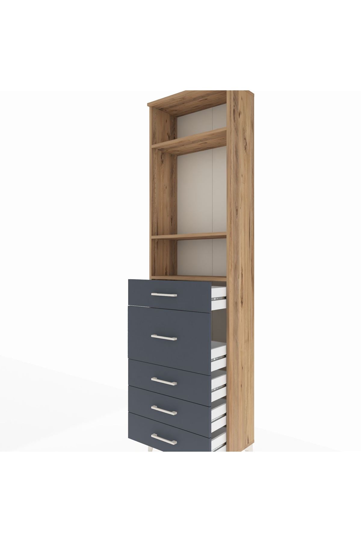 Arges Dolap 3 Raflı 5 Çekmeceli 60x30x221 Çam-Antrasit