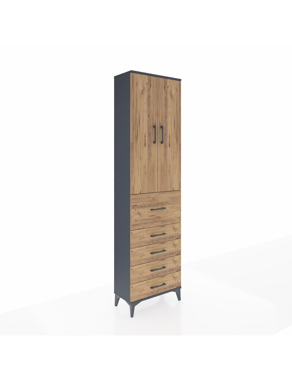 Arges Dolap 2 Raflı 5 Çekmeceli 2 Kapaklı 60x30x221 Antrasit-Çam