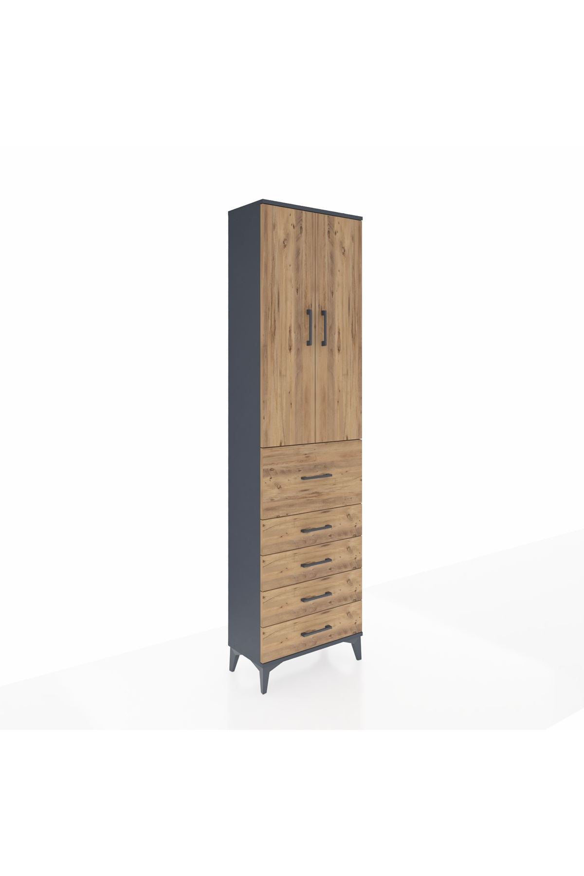 Arges Dolap 2 Raflı 5 Çekmeceli 2 Kapaklı 60x30x221 Antrasit-Çam