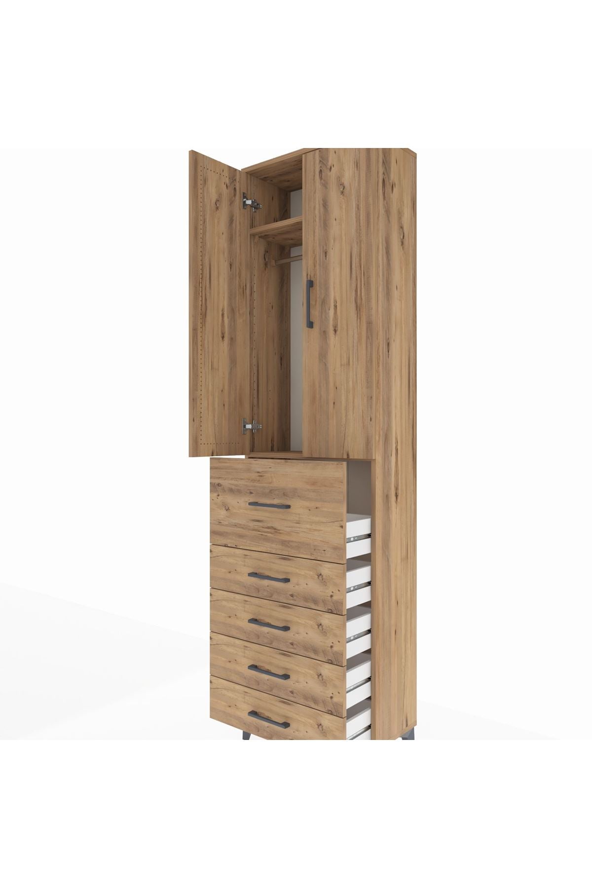 Arges Dolap 2 Raflı 5 Çekmeceli 2 Kapaklı 60x30x221 Çam-Çam