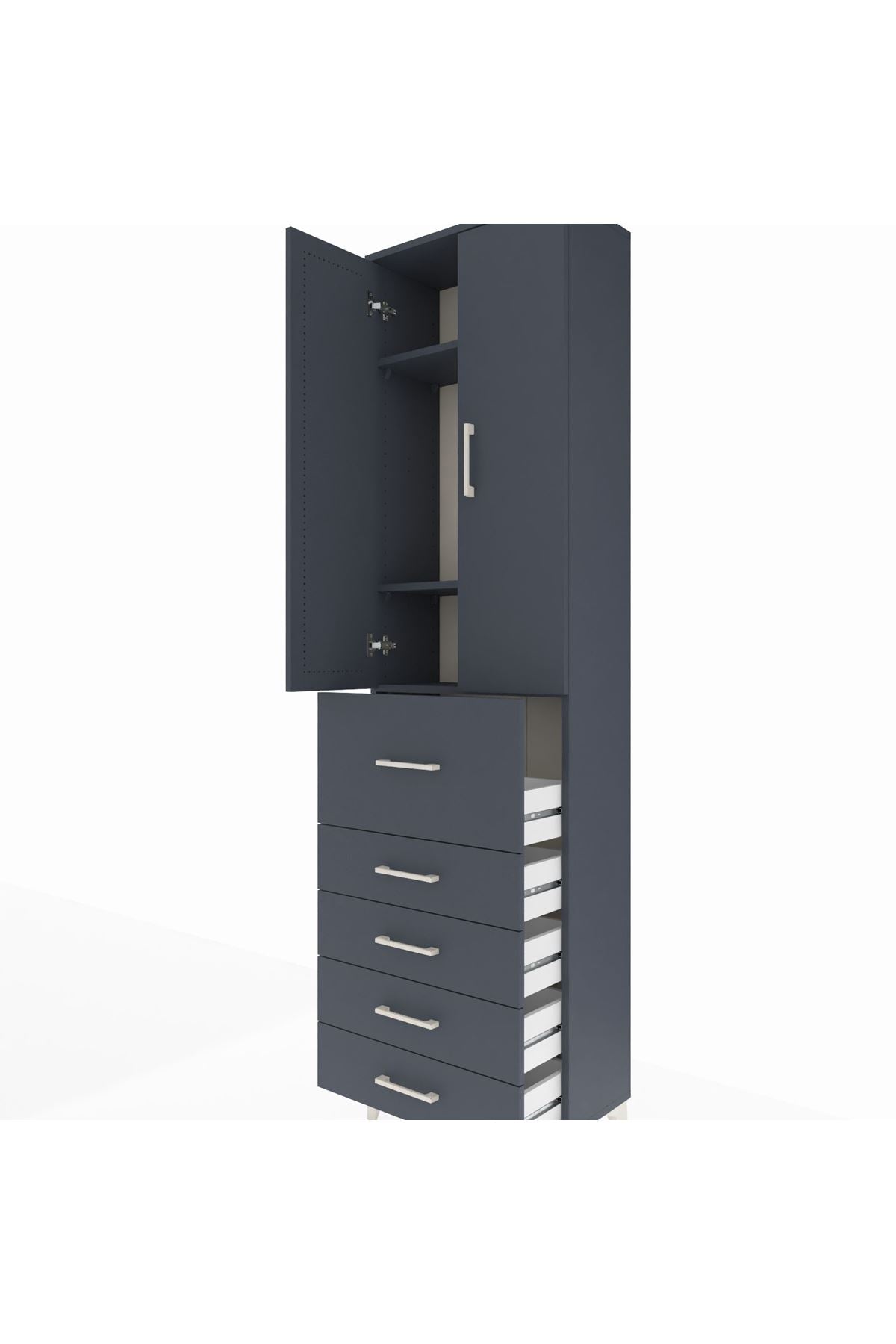 Arges Dolap 3 Raflı 5 Çekmeceli 2 Kapaklı 60x30x221 Antrasit-Antrasit