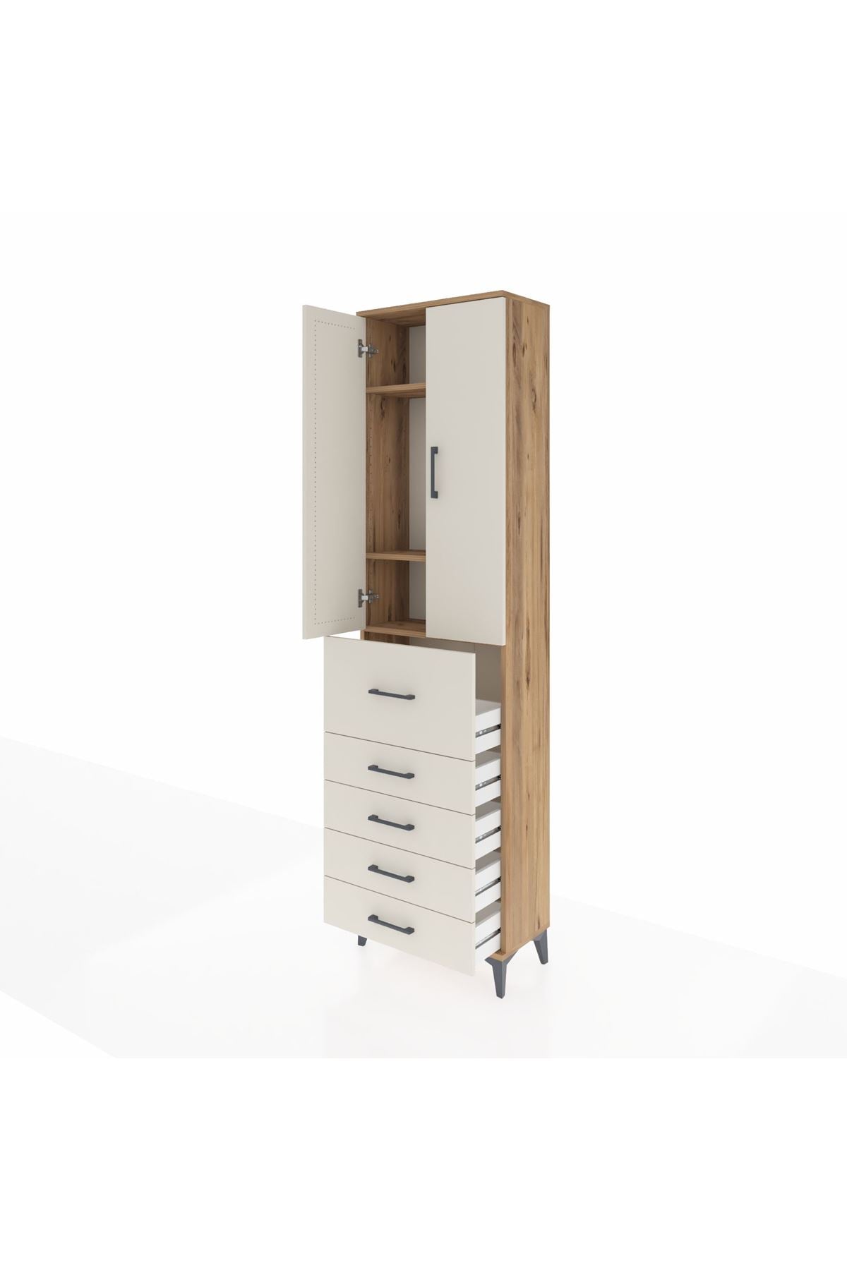 Arges Dolap 3 Raflı 5 Çekmeceli 2 Kapaklı 60x30x221 Çam-Aytaşı