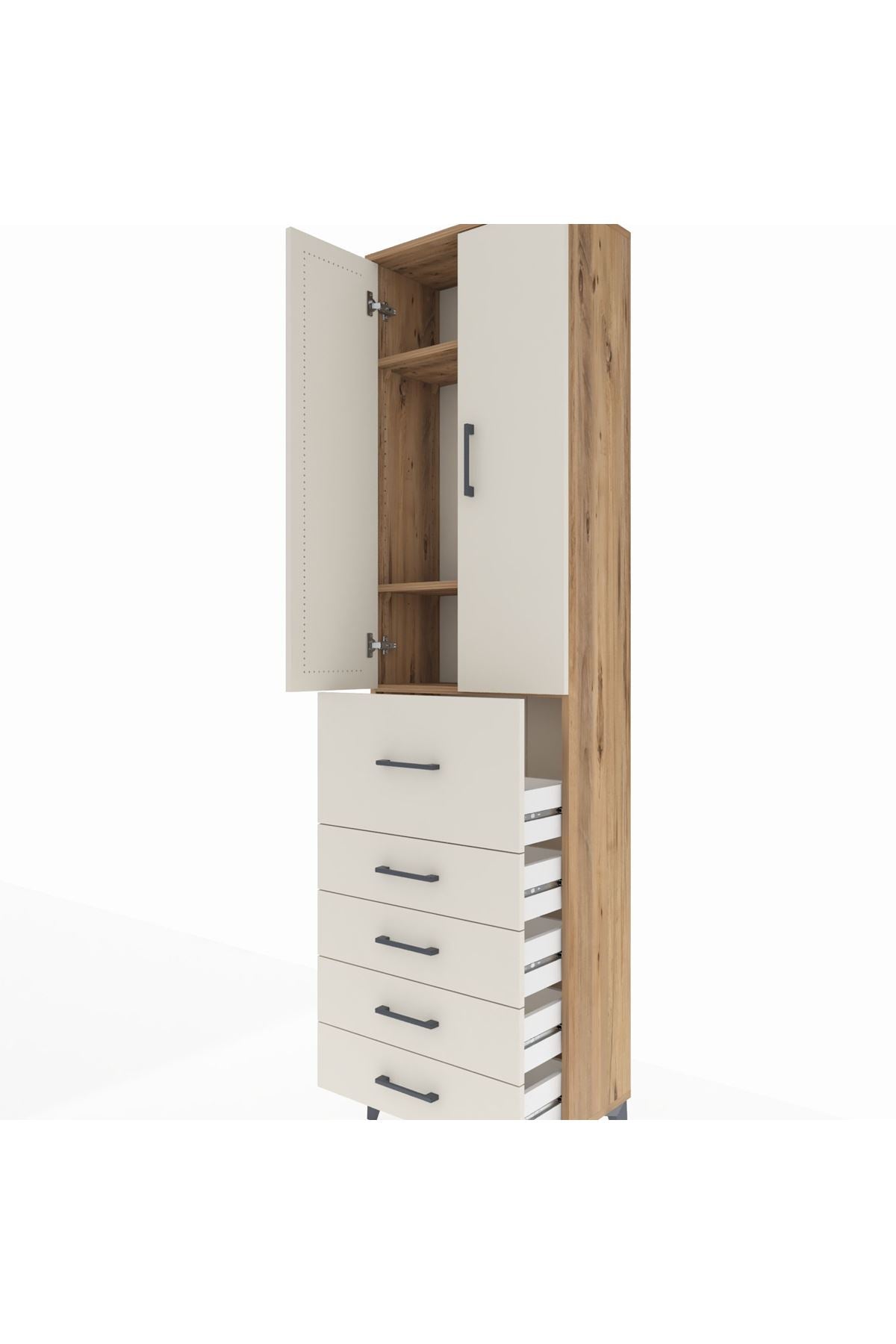 Arges Dolap 3 Raflı 5 Çekmeceli 2 Kapaklı 60x30x221 Çam-Aytaşı