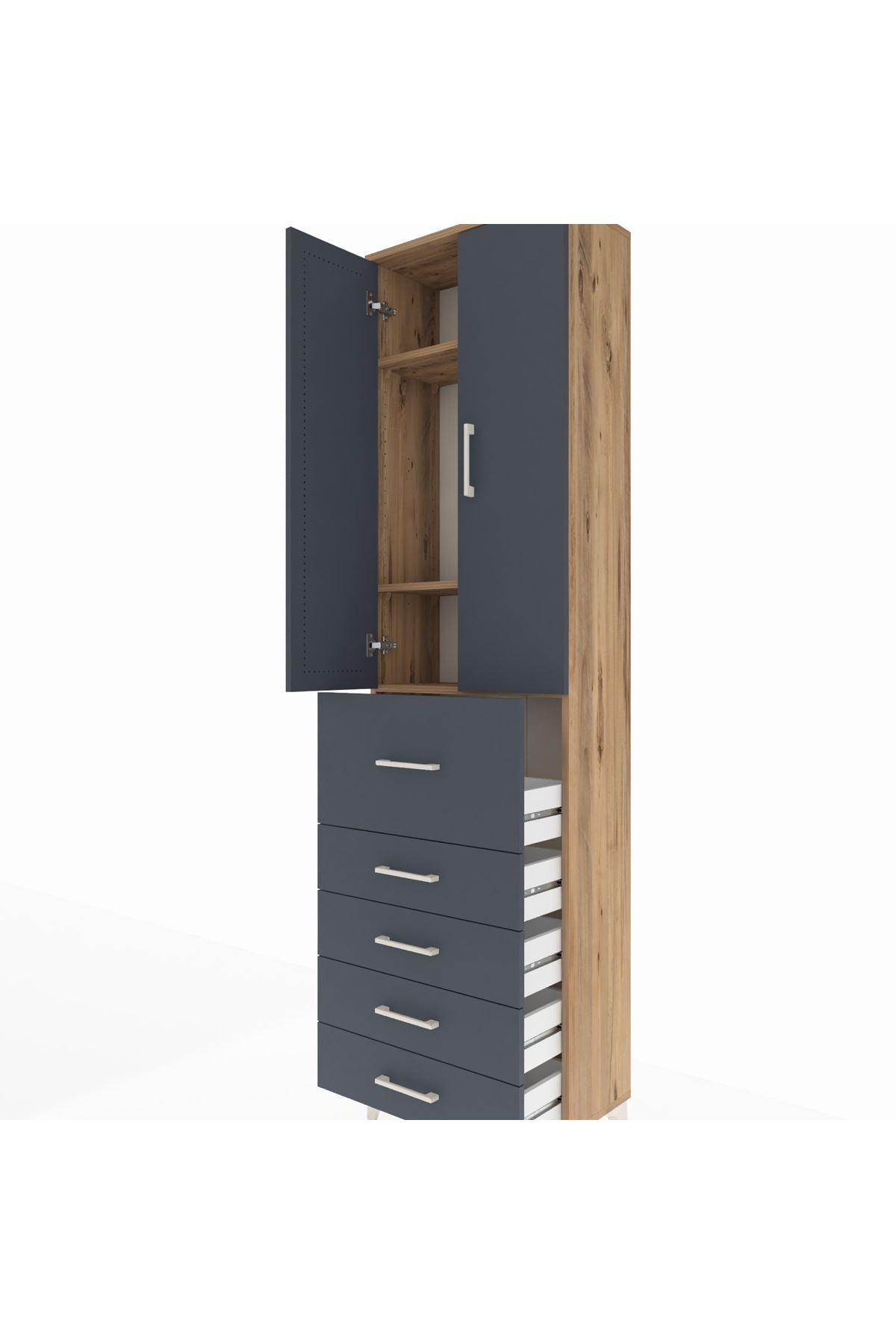 Arges Dolap 3 Raflı 5 Çekmeceli 2 Kapaklı 60x30x221 Çam-Antrasit