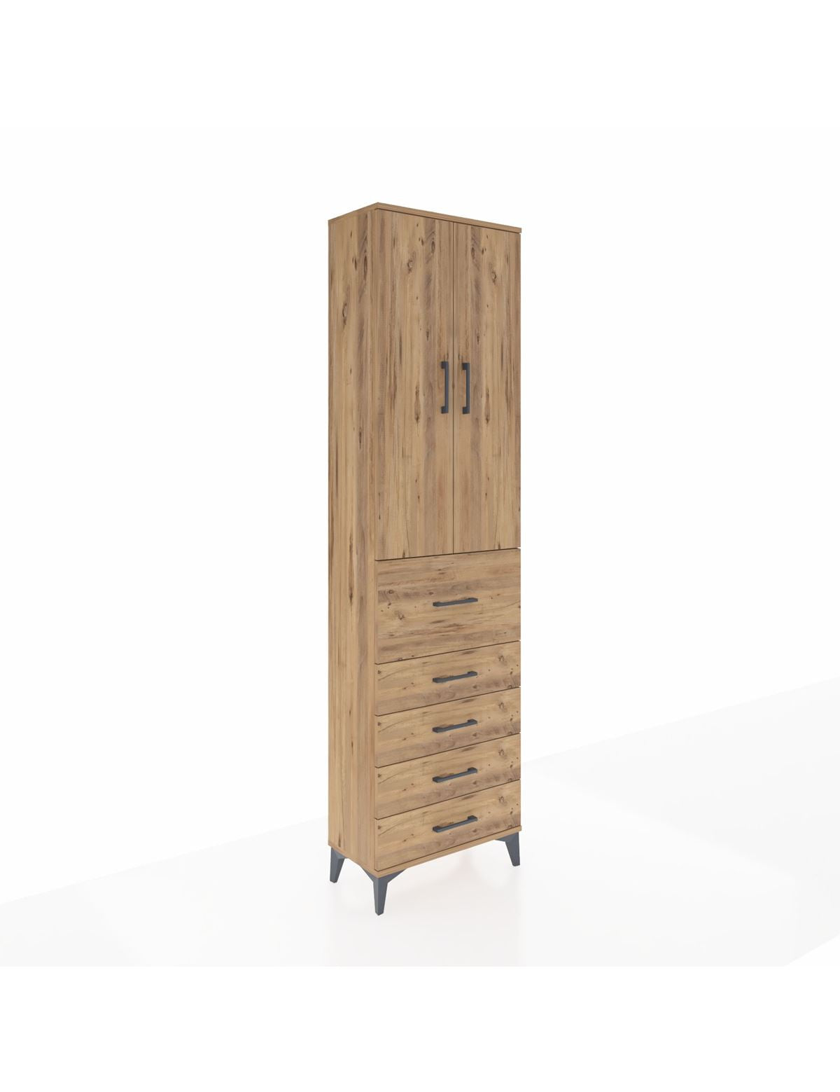 Arges Dolap 3 Raflı 5 Çekmeceli 2 Kapaklı 60x30x221 Çam-Çam