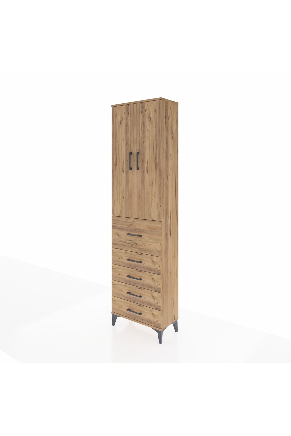 Arges Dolap 3 Raflı 5 Çekmeceli 2 Kapaklı 60x30x221 Çam-Çam