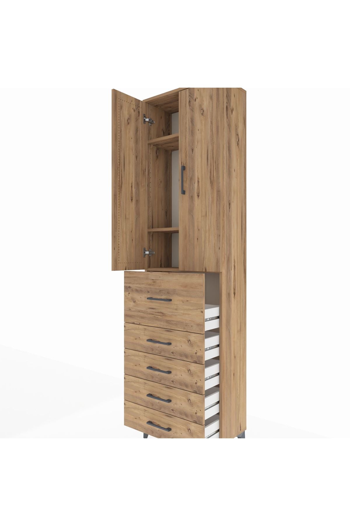 Arges Dolap 3 Raflı 5 Çekmeceli 2 Kapaklı 60x30x221 Çam-Çam