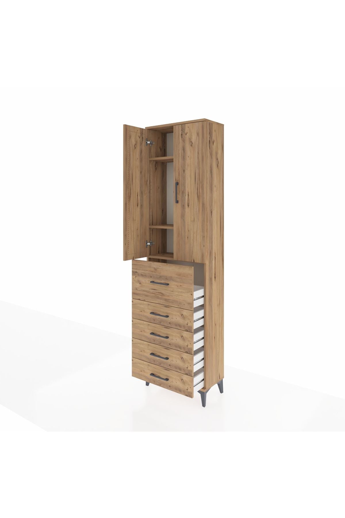 Arges Dolap 3 Raflı 5 Çekmeceli 2 Kapaklı 60x30x221 Çam-Çam