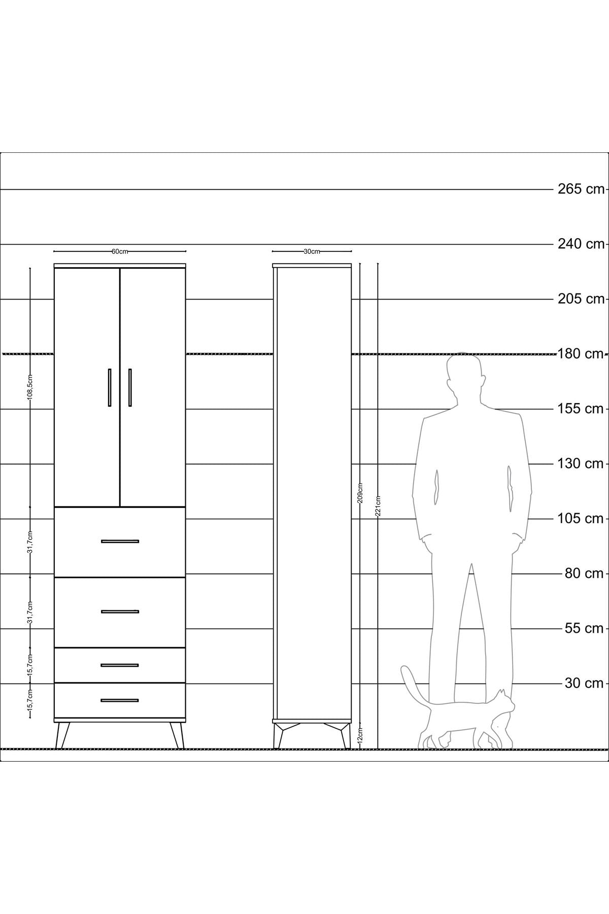 Arges Dolap 2 Raflı 4 Çekmeceli Tek Askılı 60x30x221 Antrasit-Antrasit