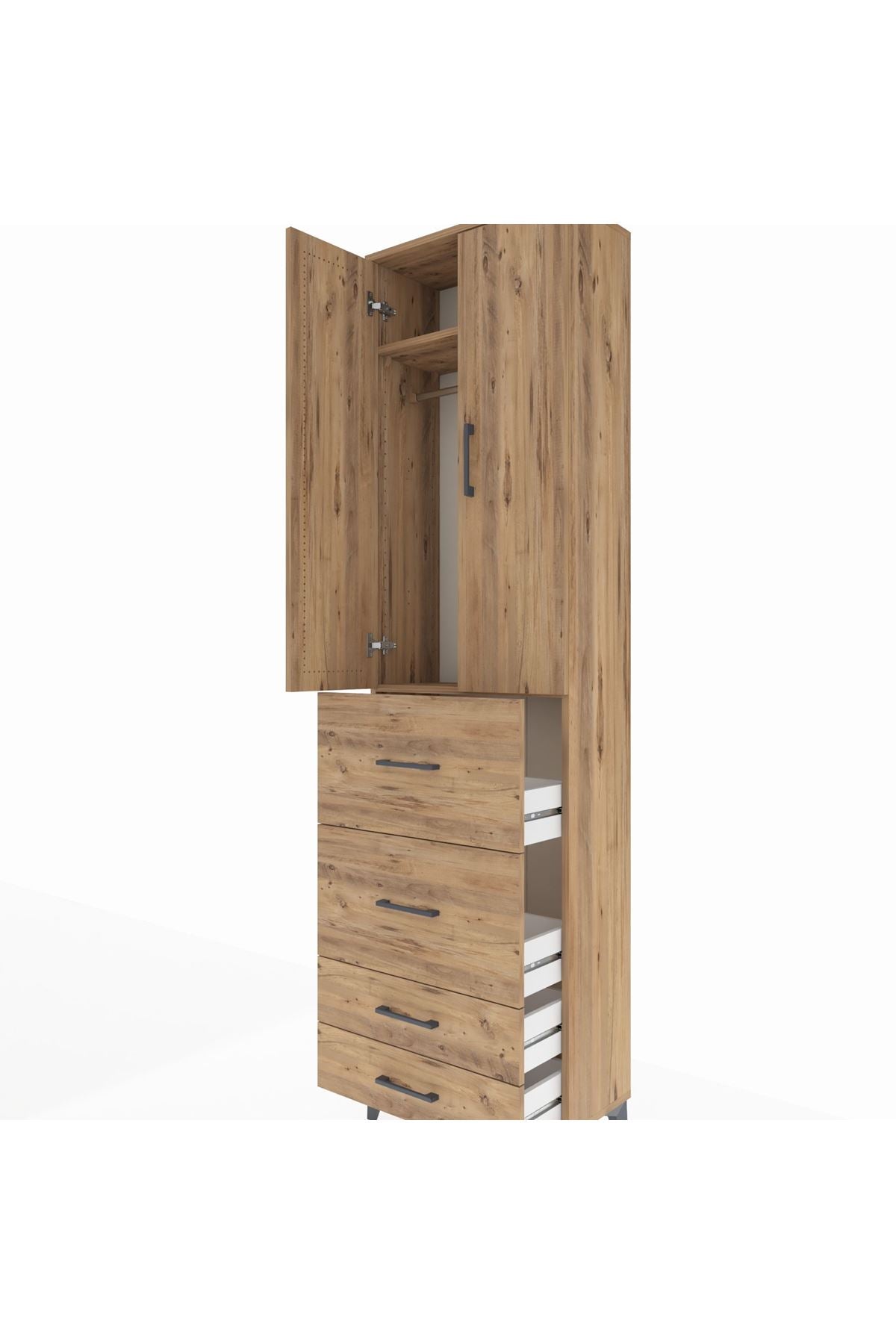 Arges Dolap 2 Raflı 4 Çekmeceli Tek Askılı 60x30x221 Çam-Çam