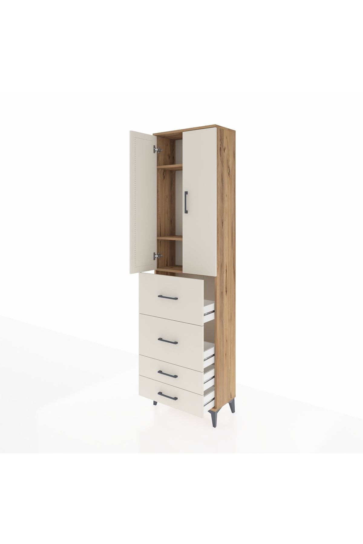 Arges Dolap 3 Raflı 4 Çekmeceli 2 Kapaklı 60x30x221 Çam-Aytaşı