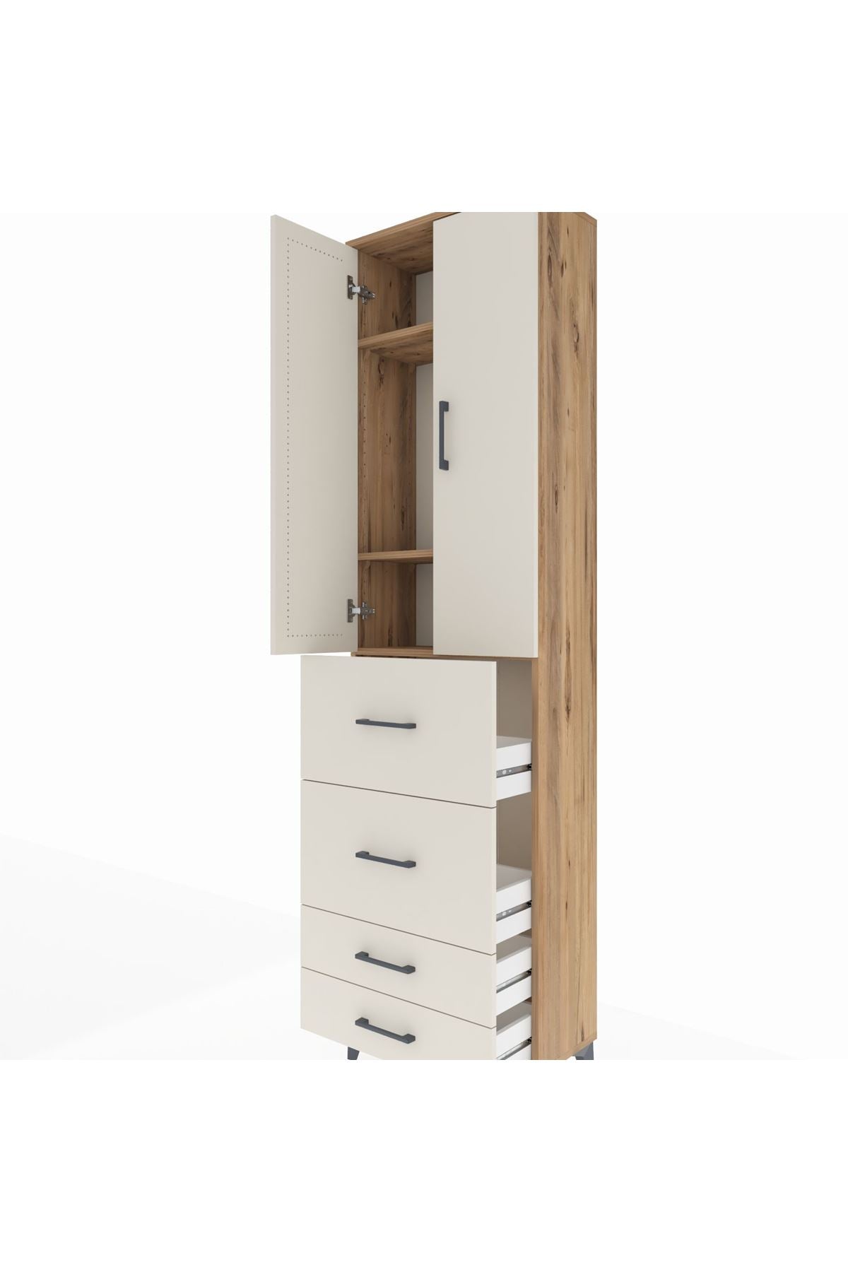 Arges Dolap 3 Raflı 4 Çekmeceli 2 Kapaklı 60x30x221 Çam-Aytaşı