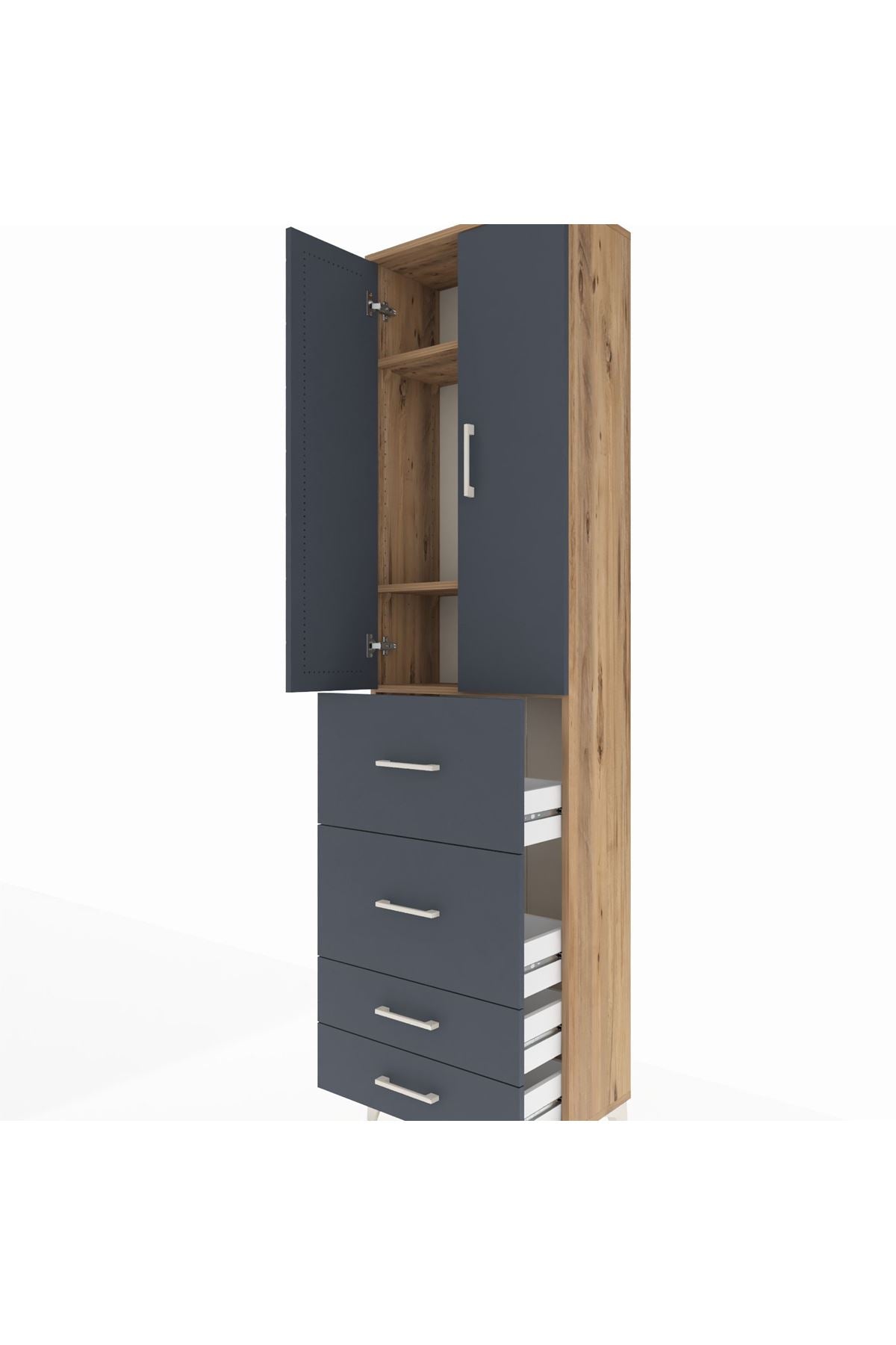 Arges Dolap 3 Raflı 4 Çekmeceli 2 Kapaklı 60x30x221 Çam-Antrasit