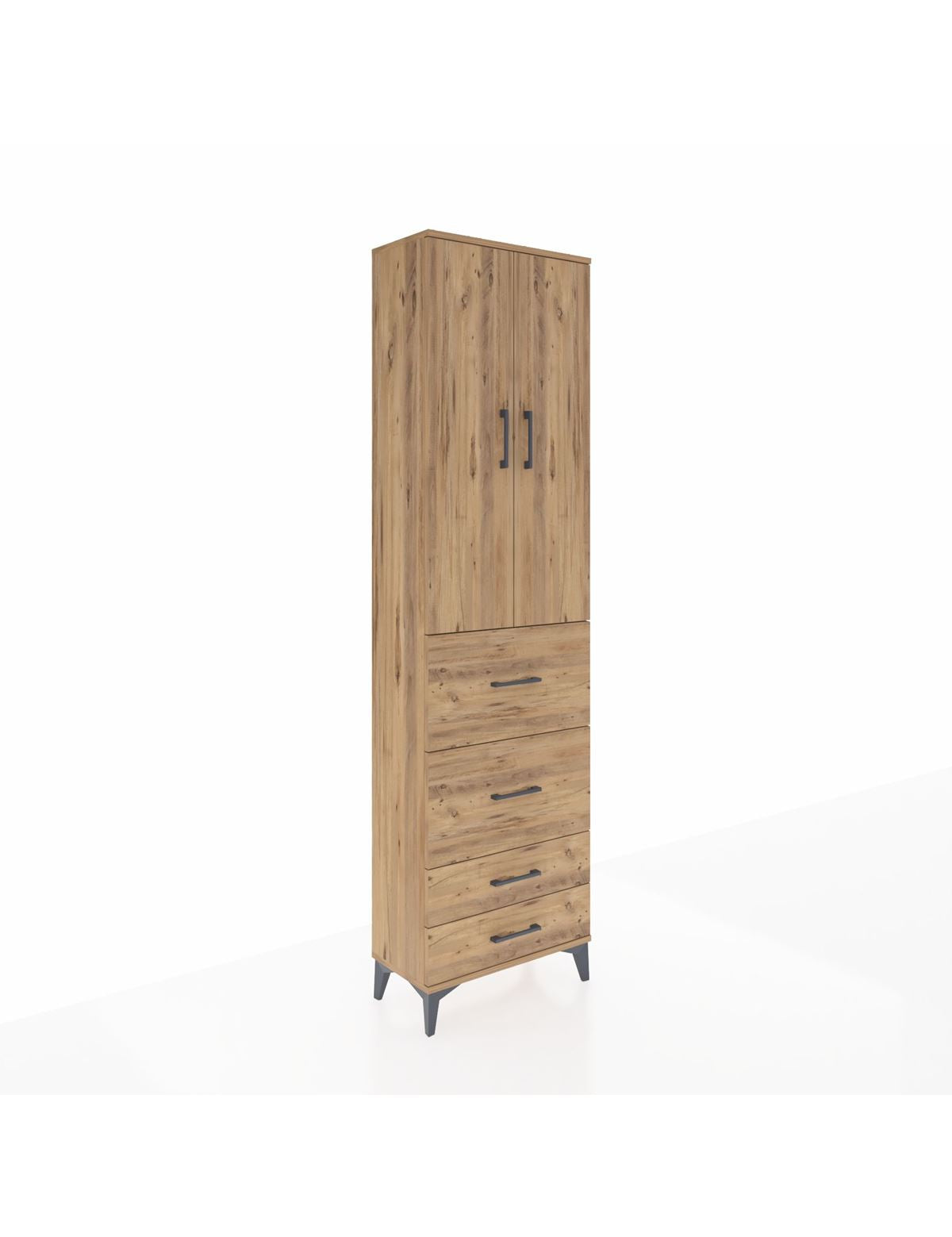 Arges Dolap 3 Raflı 4 Çekmeceli 2 Kapaklı 60x30x221 Çam-Çam