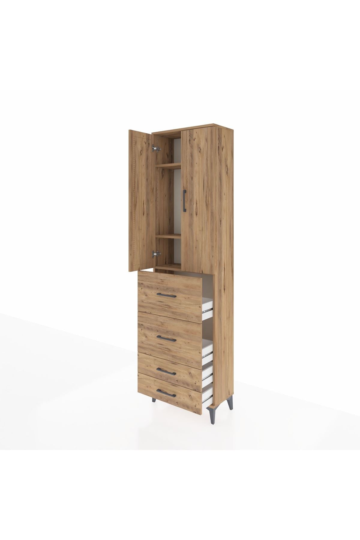 Arges Dolap 3 Raflı 4 Çekmeceli 2 Kapaklı 60x30x221 Çam-Çam