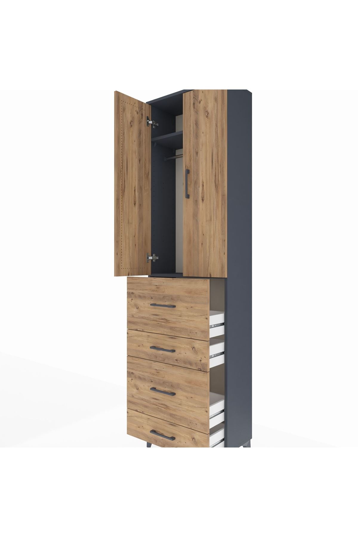 Arges Dolap 2 Raflı 4 Çekmeceli Tek Askılı 60x30x221 Antrasit-Çam