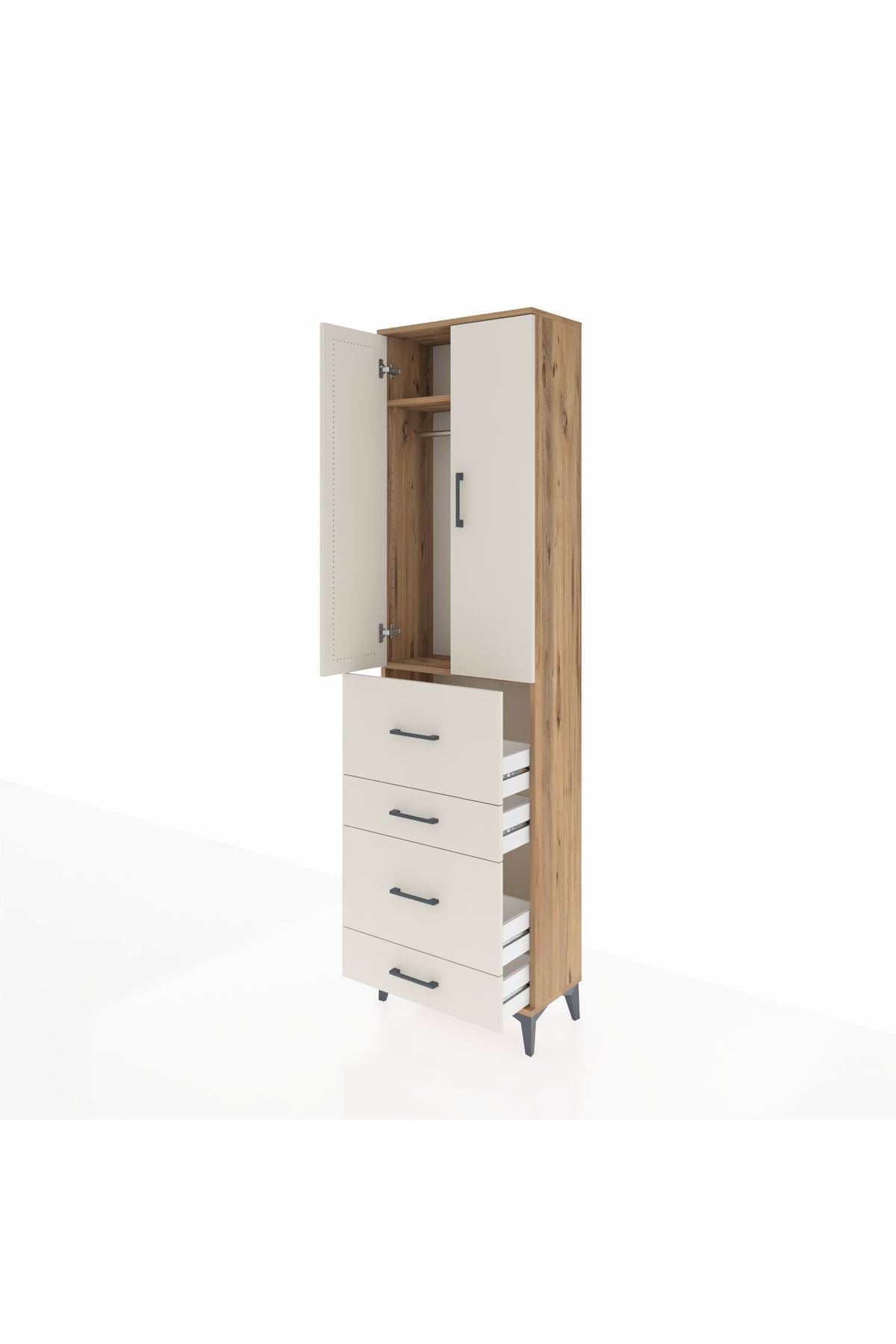 Arges Dolap 2 Raflı 4 Çekmeceli Tek Askılı 60x30x221 Çam-Aytaşı