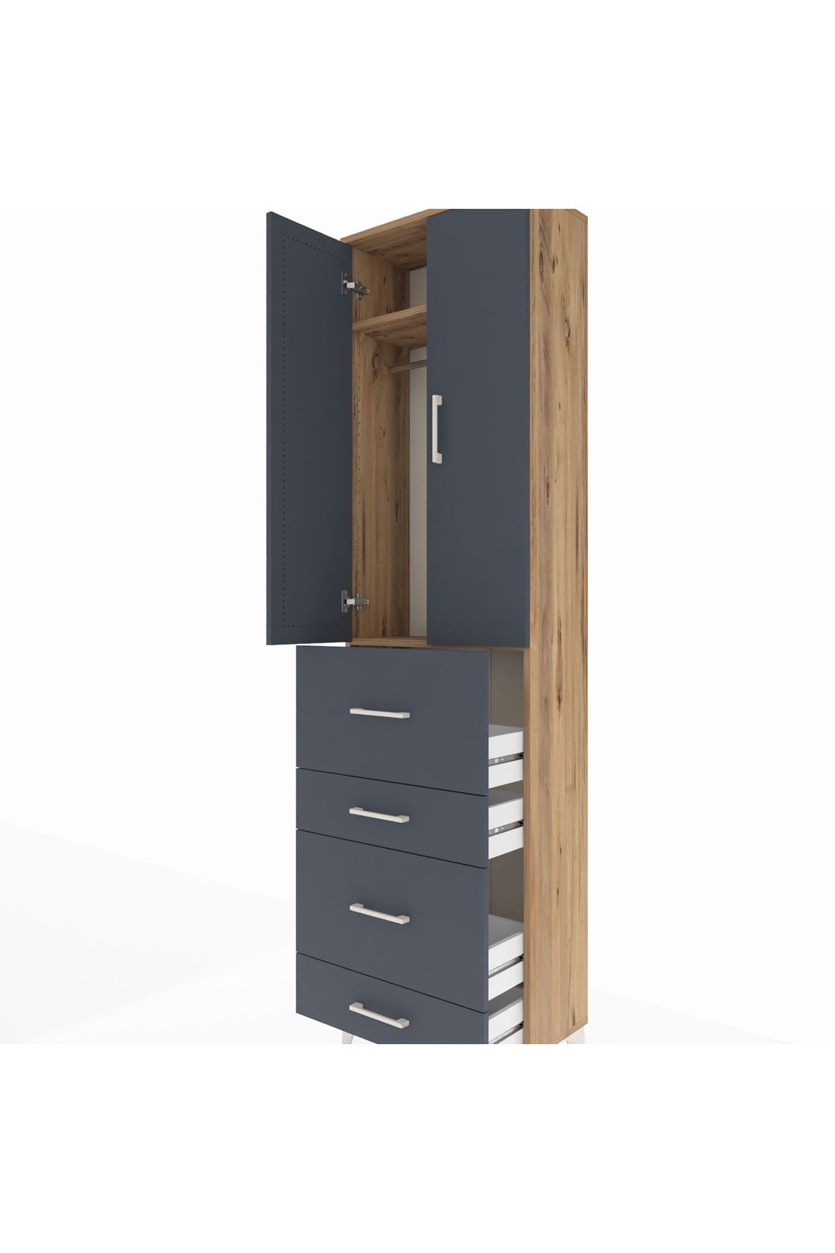 Arges Dolap 2 Raflı 4 Çekmeceli Tek Askılı 60x30x221 Çam-Antrasit