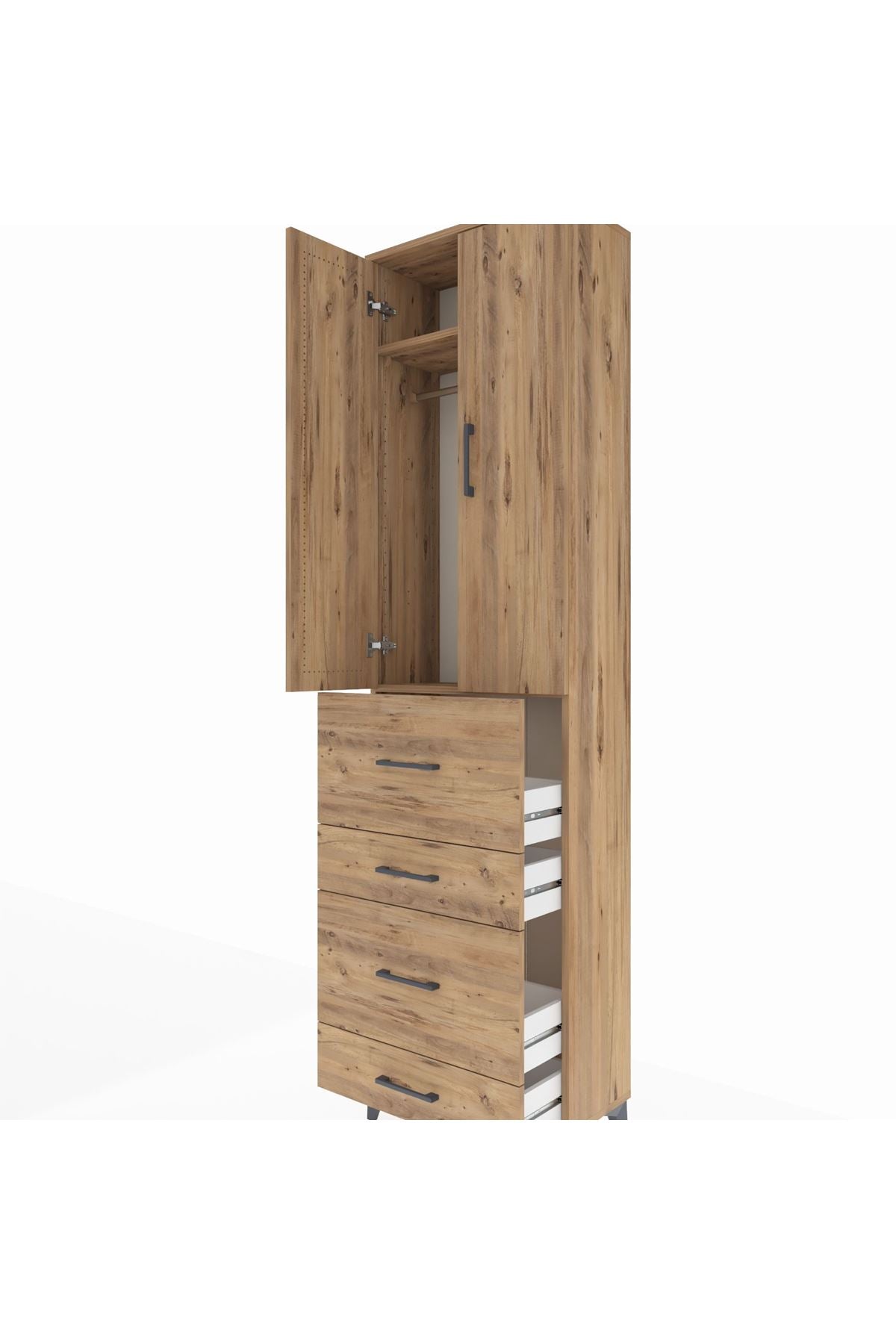 Arges Dolap 2 Raflı 4 Çekmeceli Tek Askılı 60x30x221 Çam-Çam