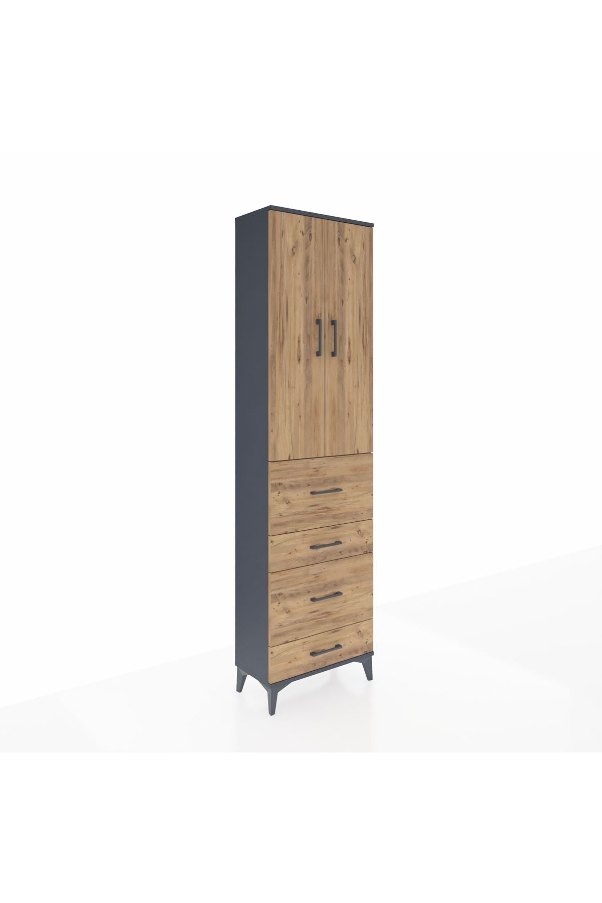 Arges Dolap 3 Raflı 4 Çekmeceli 2 Kapaklı 60x30x221 Antrasit-Çam