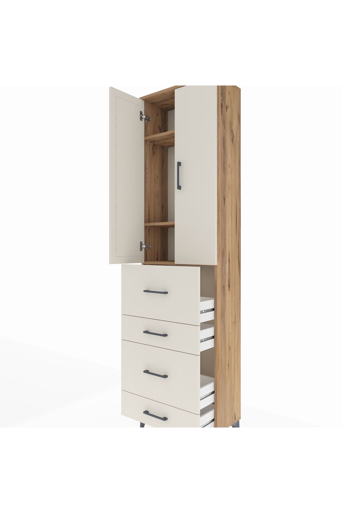 Arges Dolap 3 Raflı 4 Çekmeceli 2 Kapaklı 60x30x221 Çam-Aytaşı