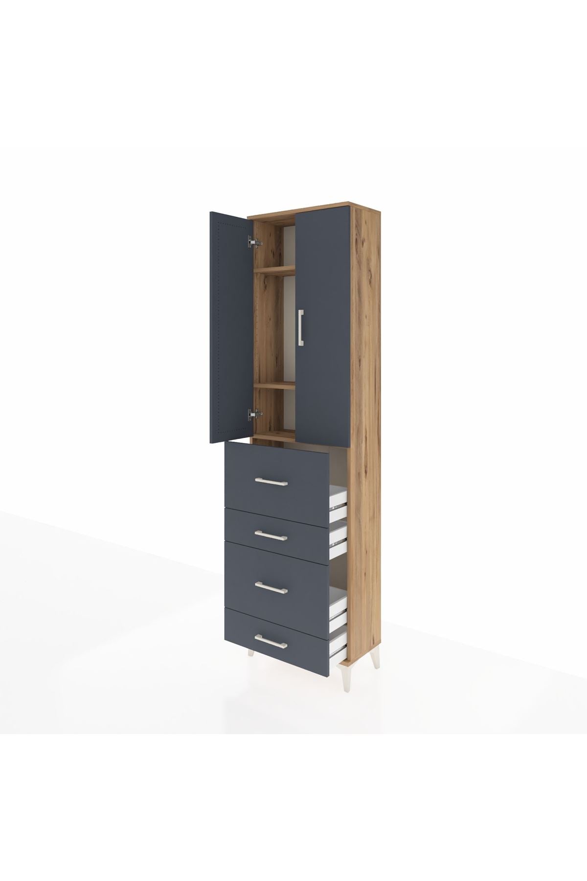 Arges Dolap 3 Raflı 4 Çekmeceli 2 Kapaklı 60x30x221 Çam-Antrasit