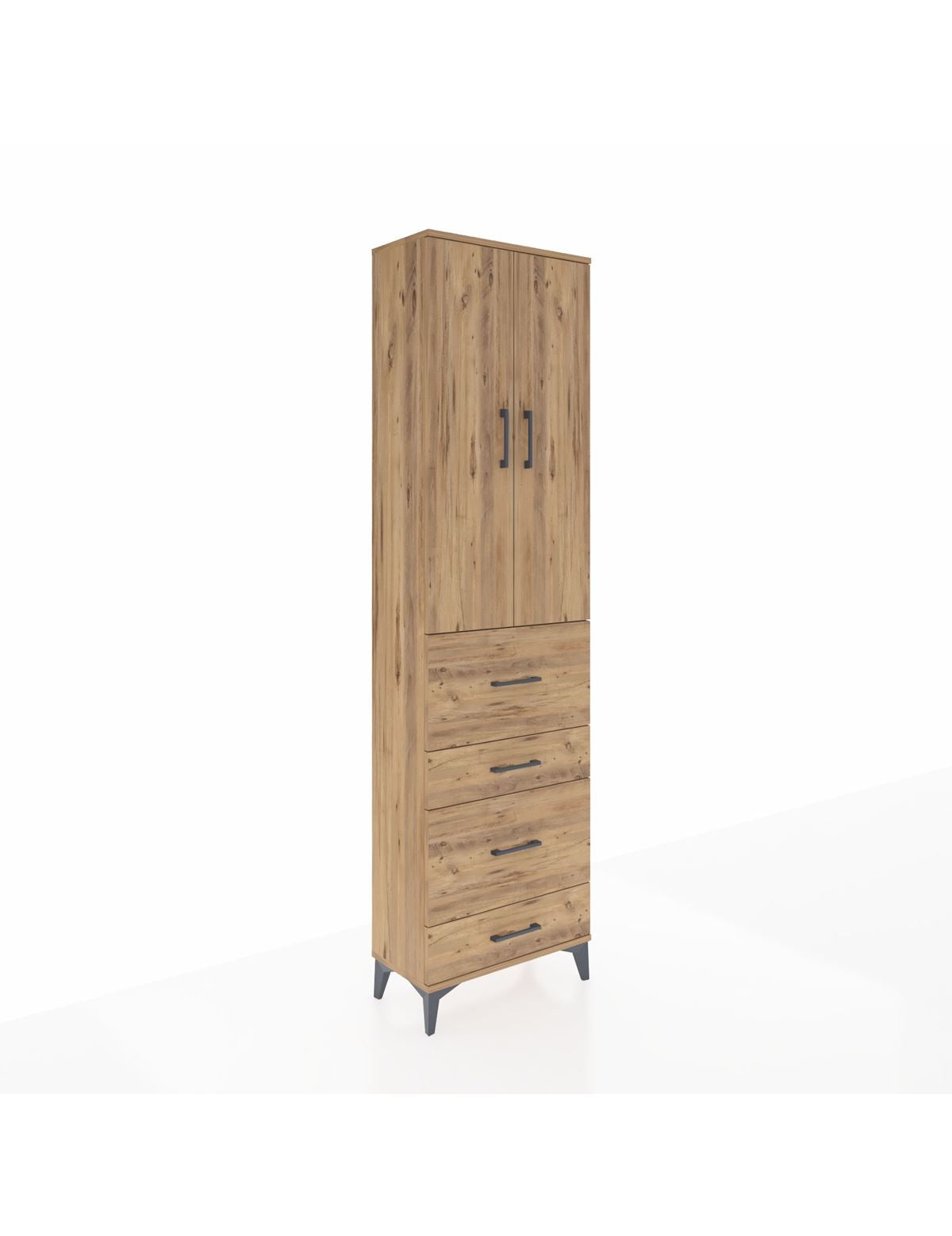 Arges Dolap 3 Raflı 4 Çekmeceli 2 Kapaklı 60x30x221 Çam-Çam