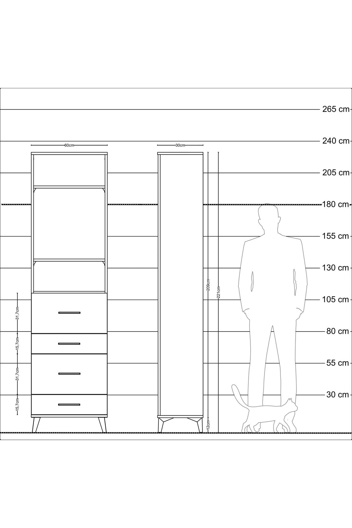 Arges Dolap 3 Raflı 4 Çekmeceli 60x30x221 Çam-Antrasit