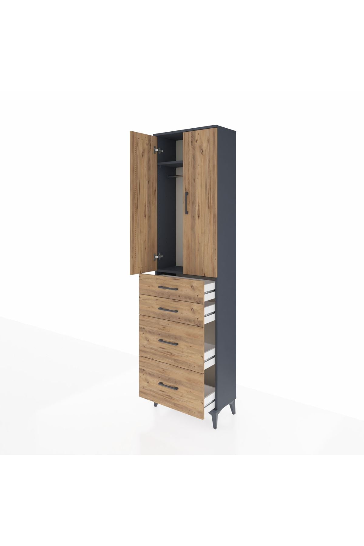 Arges Dolap 2 Raflı 4 Çekmeceli Tek Askılı 60x30x221 Antrasit-Çam