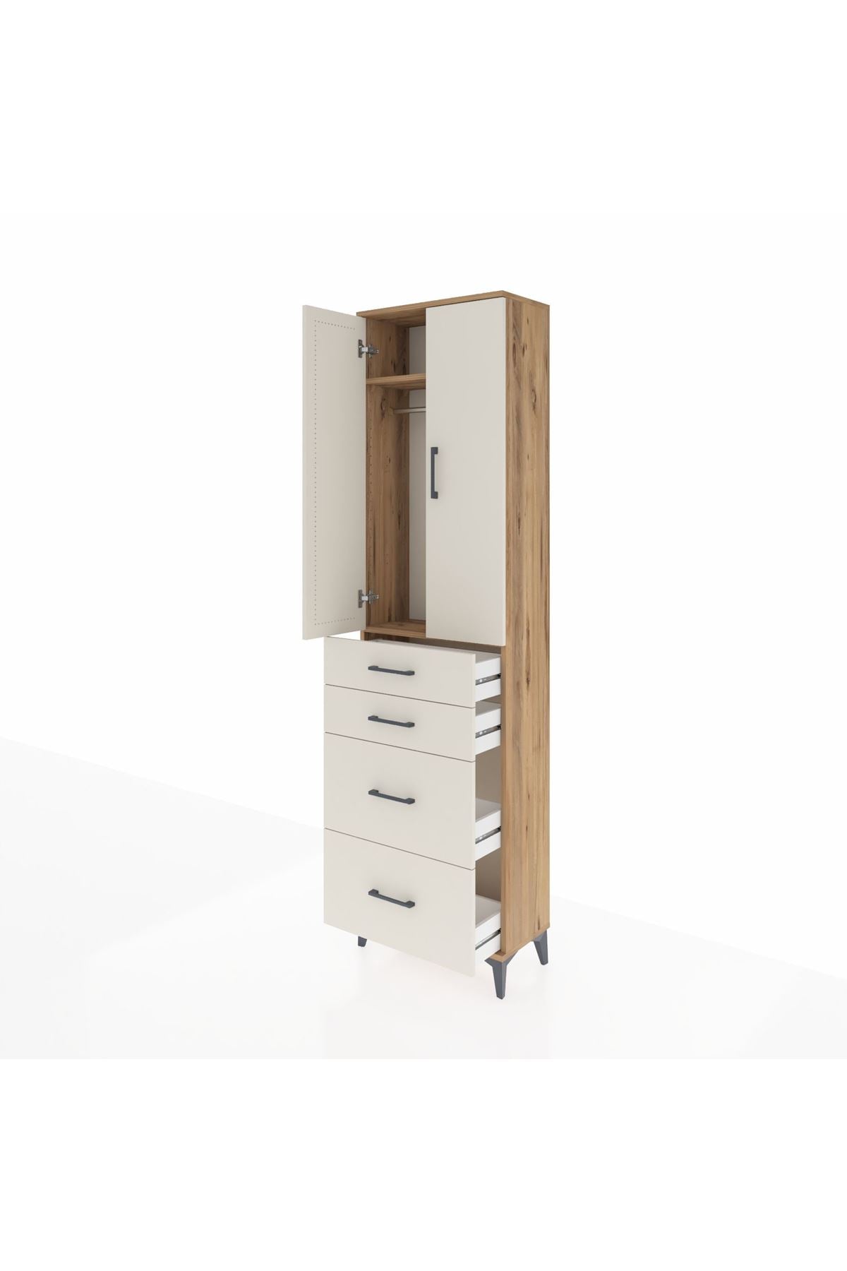 Arges Dolap 2 Raflı 4 Çekmeceli Tek Askılı 60x30x221 Çam-Aytaşı