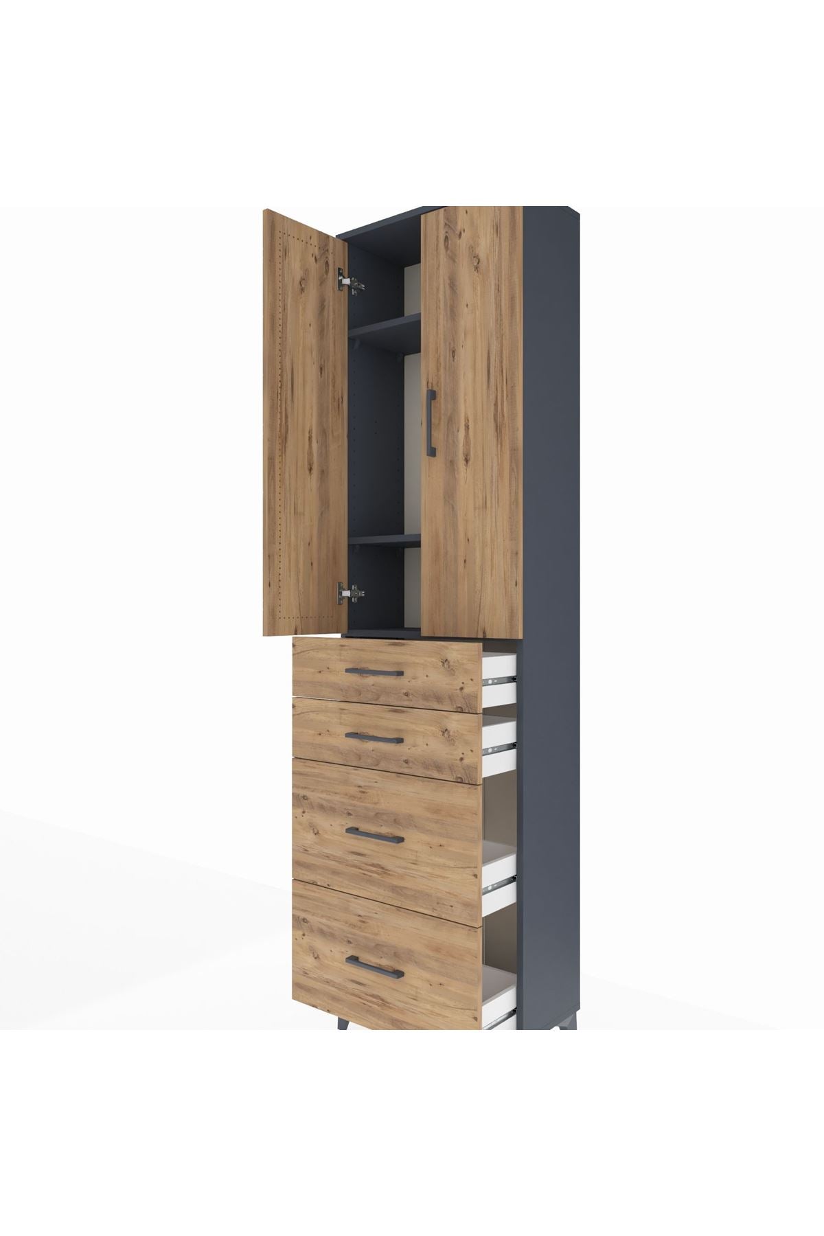 Arges Dolap 3 Raflı 4 Çekmeceli 2 Kapaklı 60x30x221 Antrasit-Çam