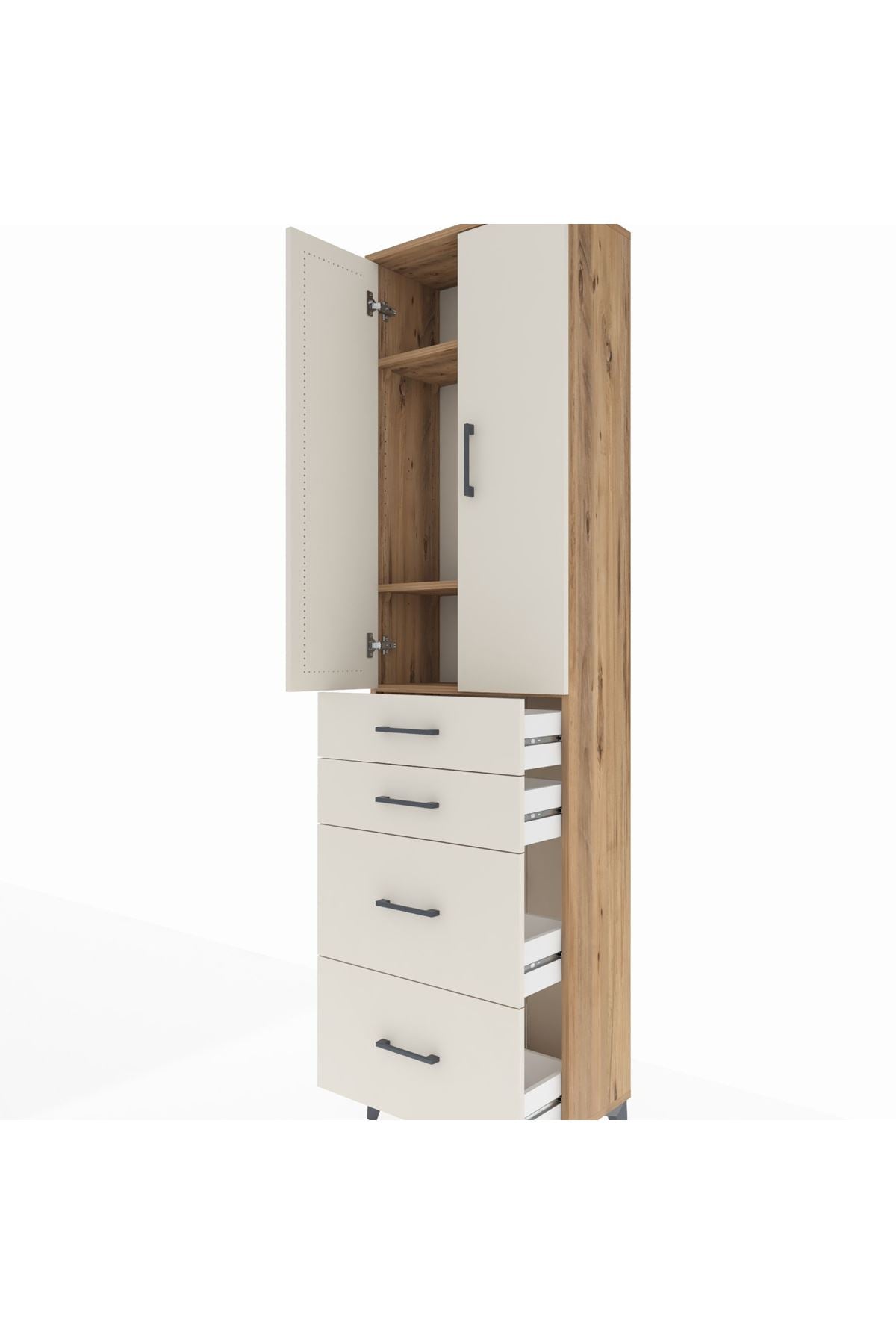 Arges Dolap 3 Raflı 4 Çekmeceli 2 Kapaklı 60x30x221 Çam-Aytaşı