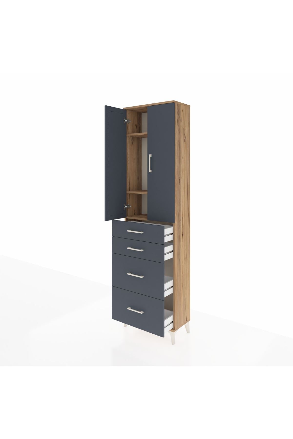 Arges Dolap 3 Raflı 4 Çekmeceli 2 Kapaklı 60x30x221 Çam-Antrasit