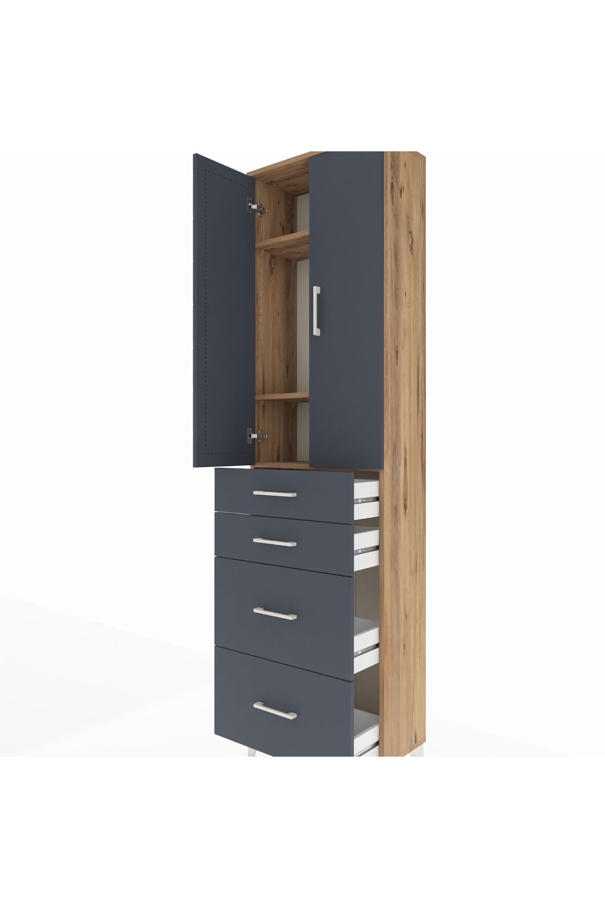 Arges Dolap 3 Raflı 4 Çekmeceli 2 Kapaklı 60x30x221 Çam-Antrasit