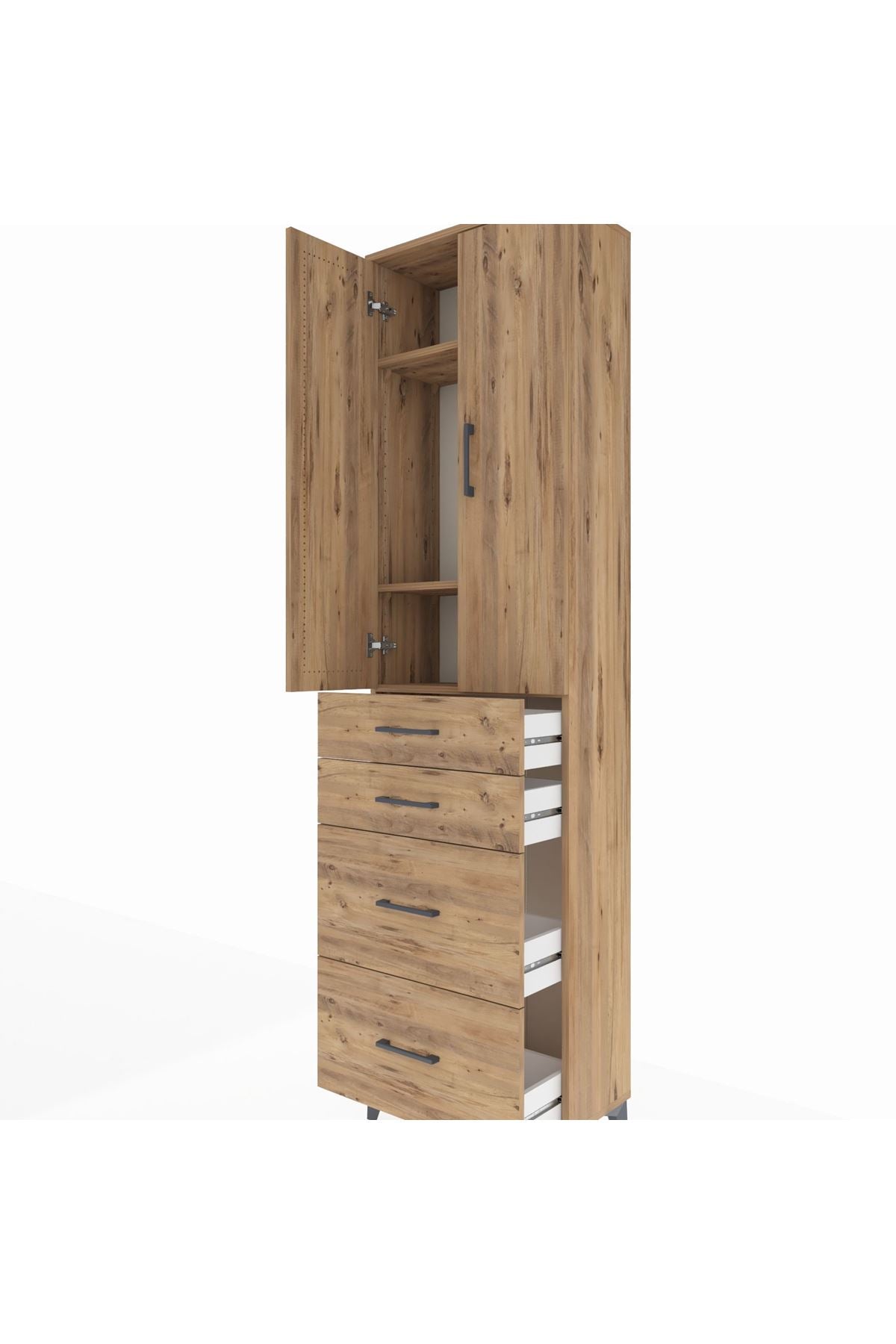 Arges Dolap 3 Raflı 4 Çekmeceli 2 Kapaklı 60x30x221 Çam-Çam