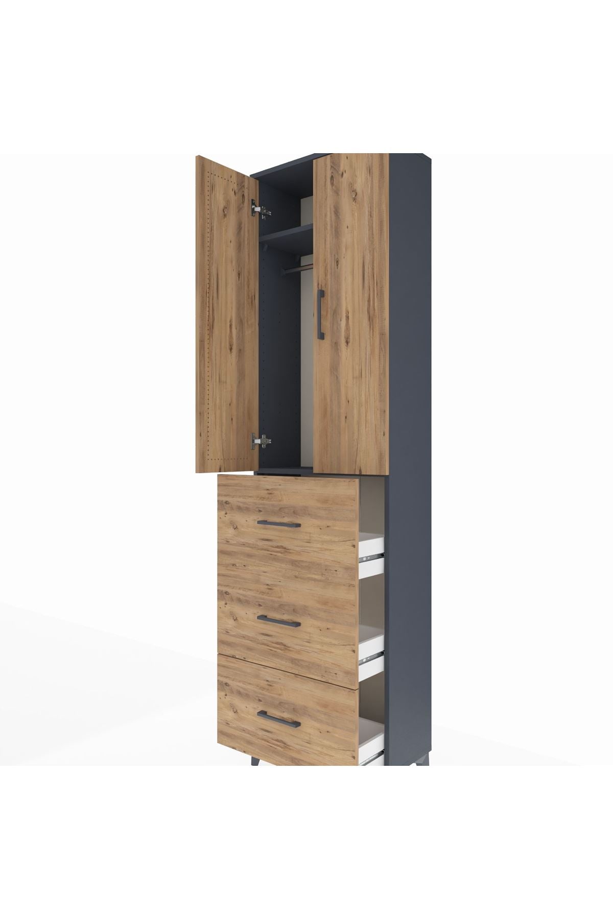 Arges Dolap 2 Raflı 3 Çekmeceli Tek Askılı 60x30x221 Antrasit-Çam