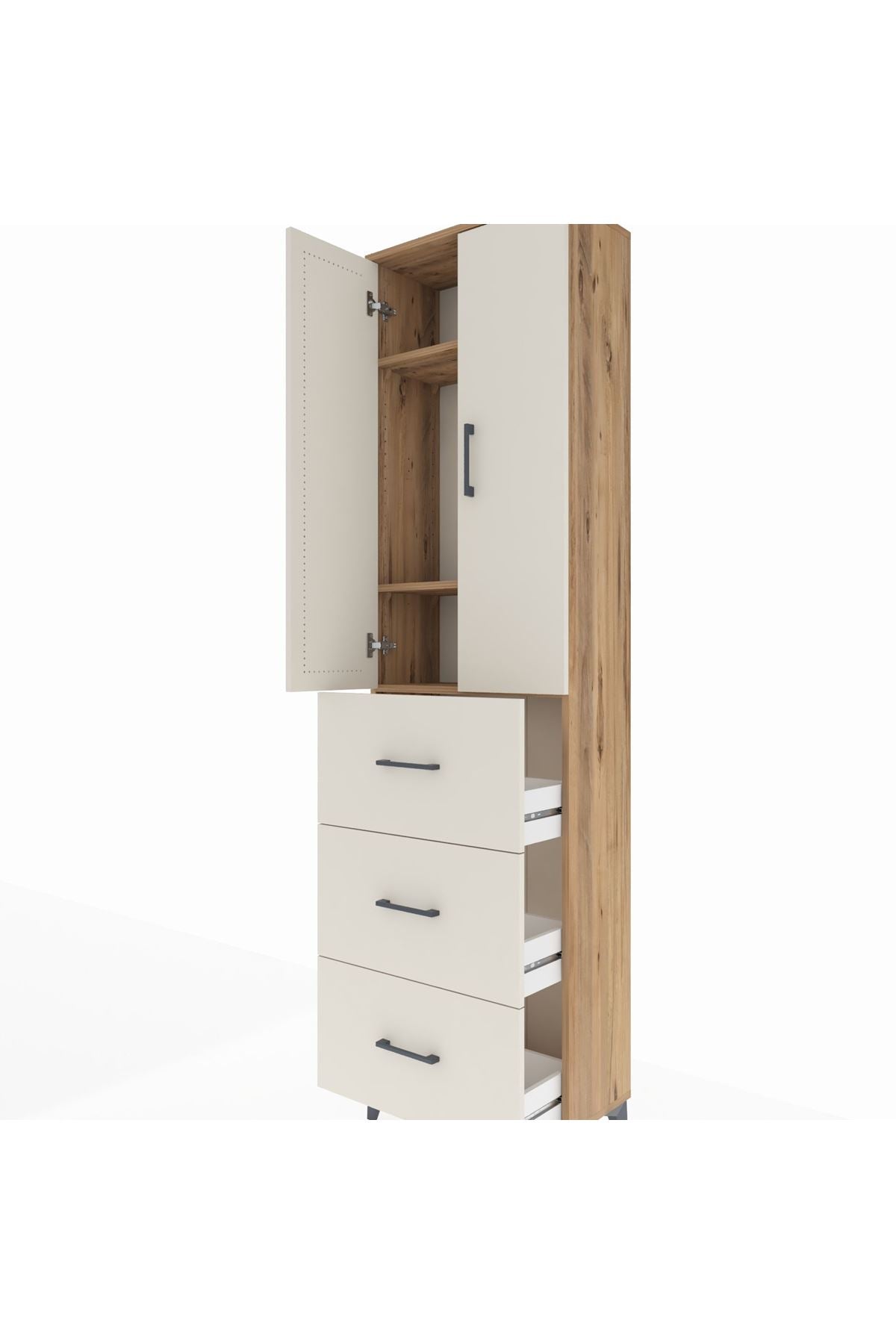 Arges Dolap 3 Raflı 3 Çekmeceli 2 Kapaklı 60x30x221 Çam-Aytaşı