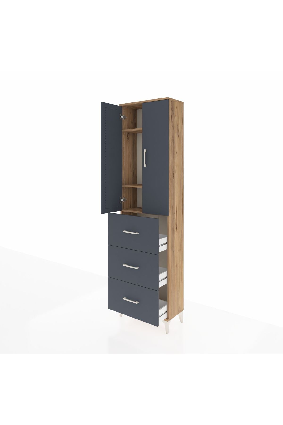 Arges Dolap 3 Raflı 3 Çekmeceli 2 Kapaklı 60x30x221 Çam-Antrasit