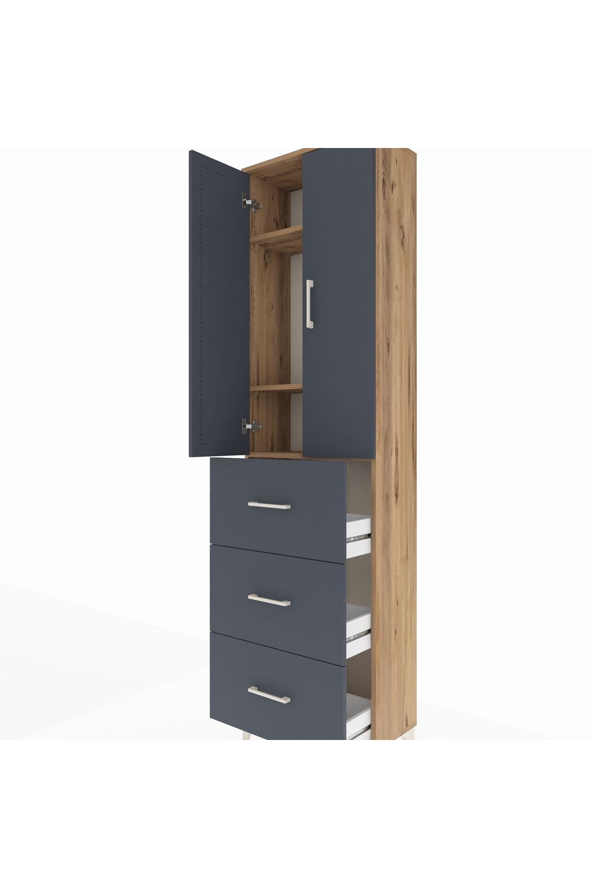 Arges Dolap 3 Raflı 3 Çekmeceli 2 Kapaklı 60x30x221 Çam-Antrasit